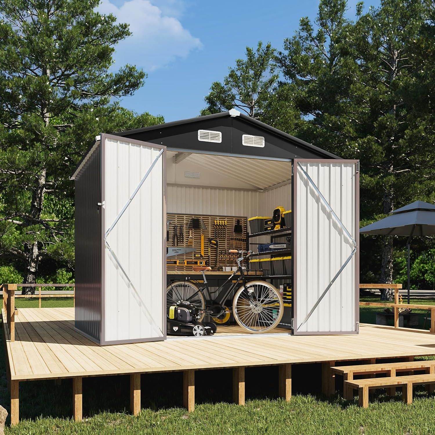 AOXUN Gartenhaus Gerätehaus aus Metall, 236 × 172 × 196 cm, BxT: 236x172 cm, wetterfeste und abschließbare Fahrrad- & Gerätegarage