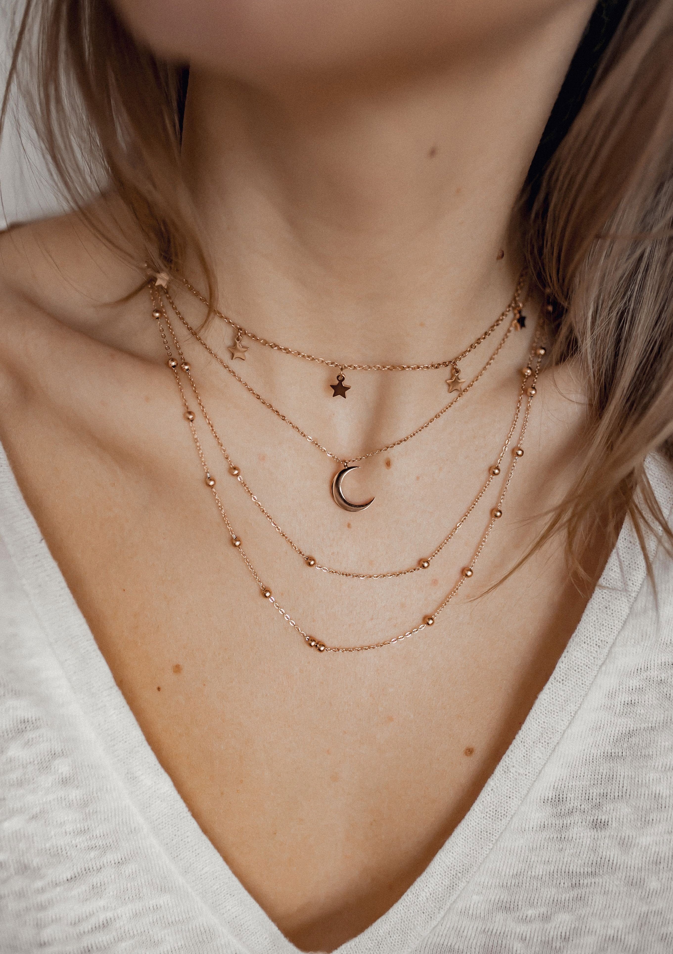 Hey Happiness Collier-Set Mond & Stern Ketten, Edelstahl vergoldet, Layer Schmuckset Damen 3-tlg., wasserfest