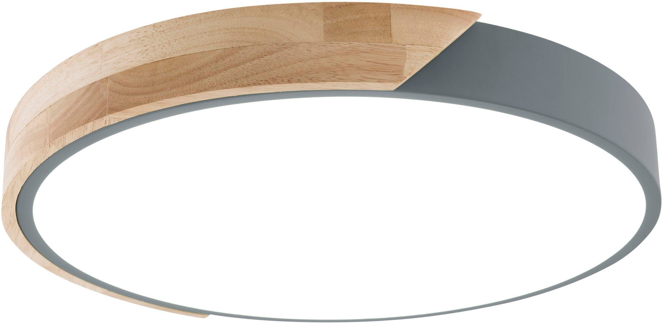 näve LED Deckenleuchte Borneo, LED fest integriert, Warmweiß, rund, LED, Rand teils grau/teils Eichenholz, Lichtfarbe warmweiß