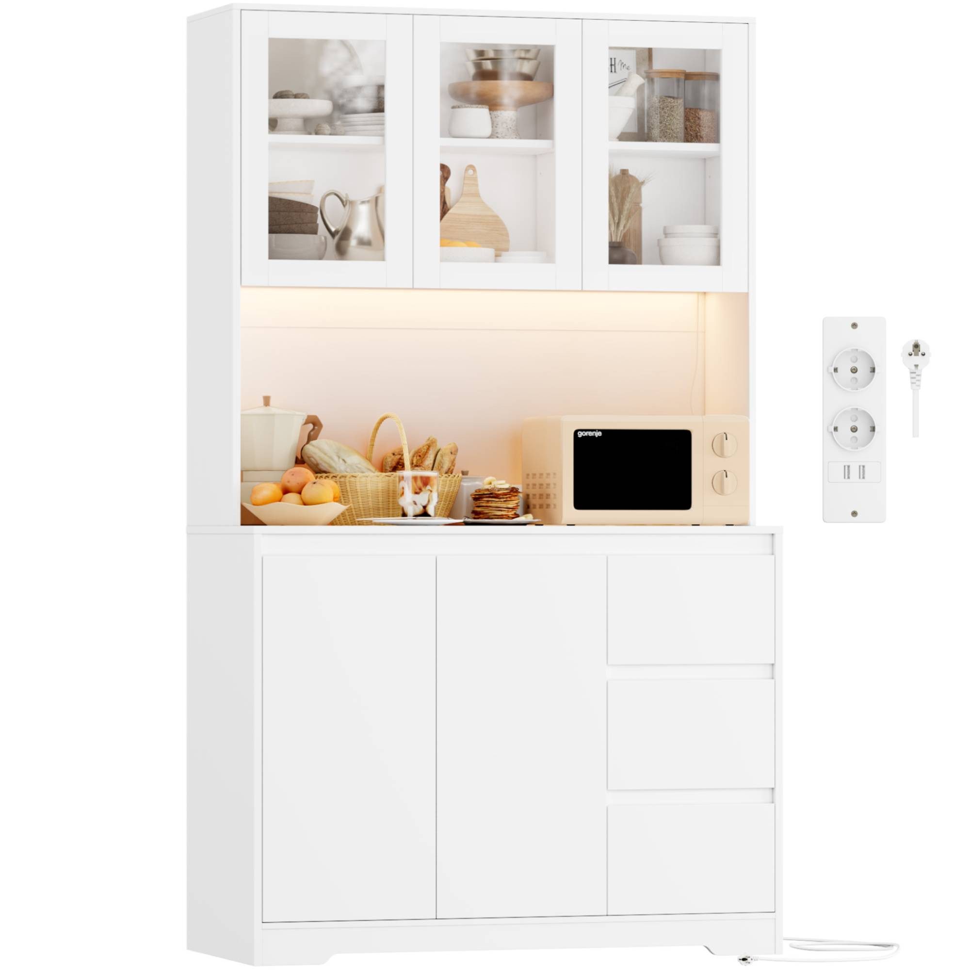 Homfa Küchenbuffet mit LED Küchenschrank Buffetschrank Sideboard weiß mit Steckdosenleiste & Arbeitsplatte 180x100x38,5cm