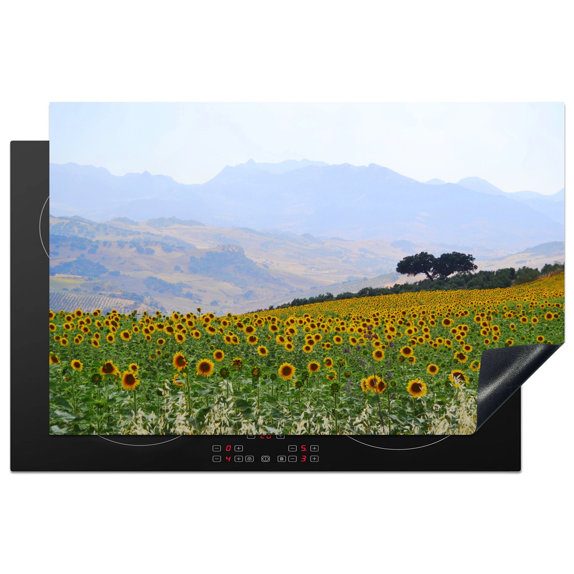 MuchoWow Herdblende-/Abdeckplatte Sonnenblumen auf einem Feld und die Landschaft Spaniens, Vinyl, (1 tlg), 81x52 cm, Induktionskochfeld Schutz für die küche, Ceranfeldabdeckung