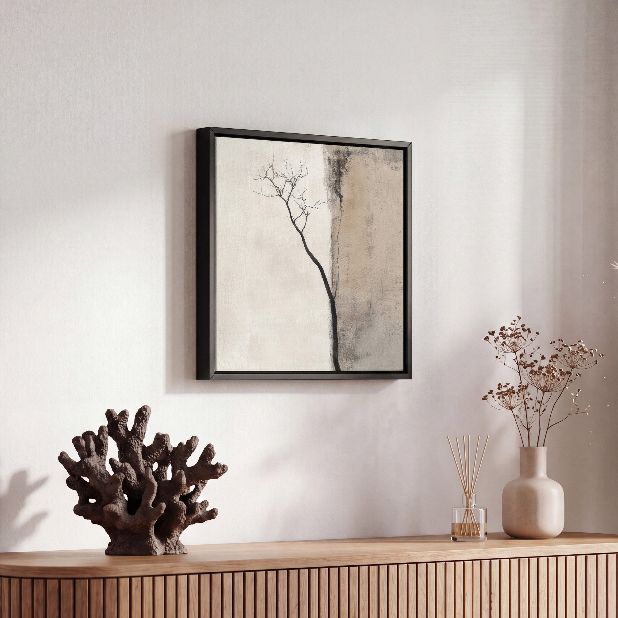 OneMillionCanvasses® Leinwandbild mit Rahmen - Wabi sabi - Pflanze - Beige, Fotodruck (1 St), Leinwand Bilder Klein, Wand Dekoration Aesthetic 20x20cm – Bild 5 von 5