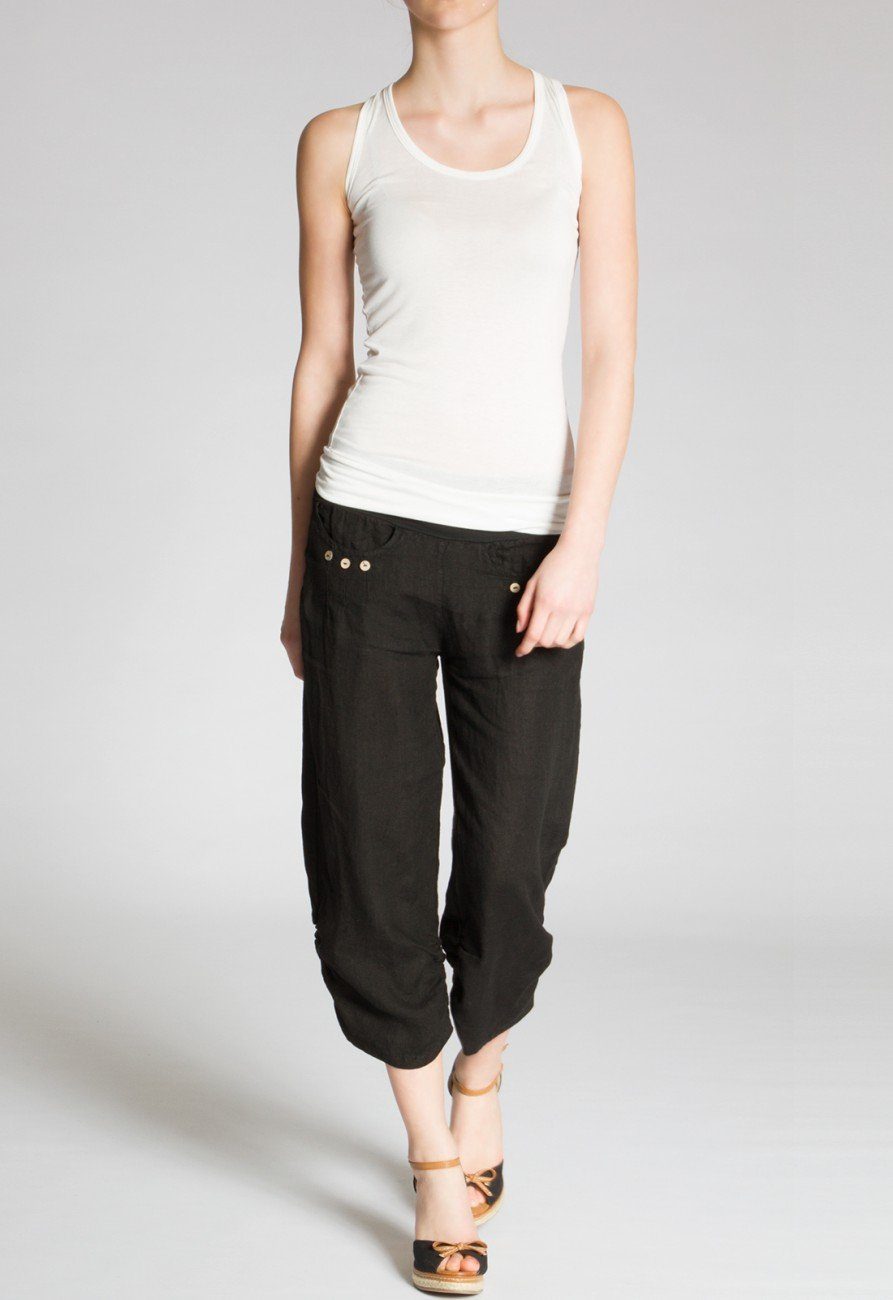 Caspar Leinenhose KHS017 Damen 3/4 Hose aus robustem Leinen mit breitem Stretch Bund - Made in Italy