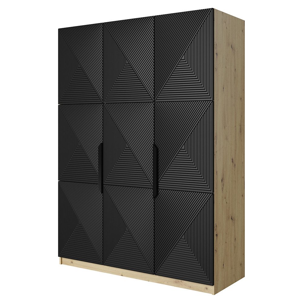 Lomadox Kleiderschrank ADARE-141 150 cm breit, 3 Türen, Eiche mit schwarz matt, gerillter Front