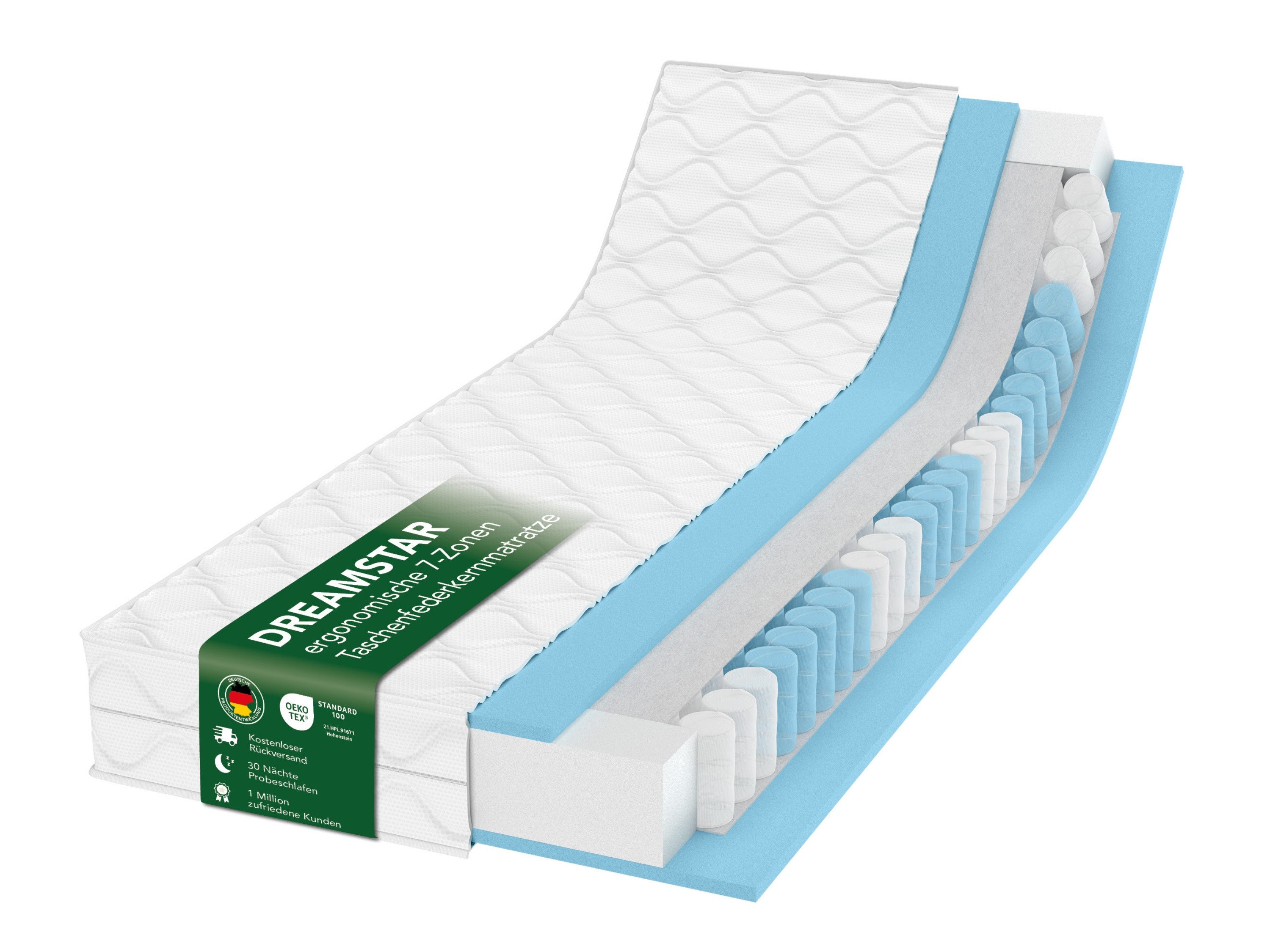 Taschenfederkernmatratze 7-Zonen, Ergo Flex Federkernmatratze H2/H3 - 17, 22 & 25 cm hoch, Dreamstar, ergonomisch, punktelastisch, atmungsaktiv - verschiedene Größen