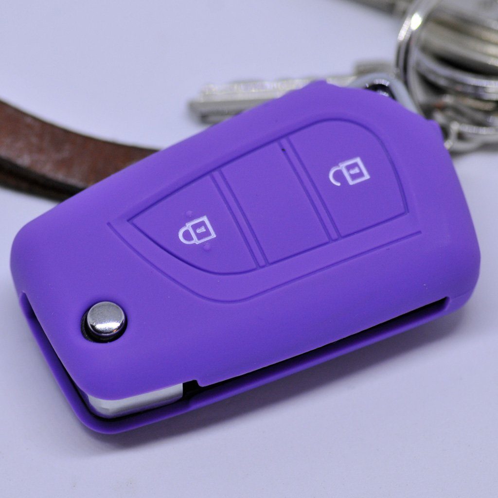 mt-key Schlüsseltasche Autoschlüssel Softcase Silikon Schutzhülle Lila, für Toyota Aygo Citroen C1 Peugeot 108 2 Tasten Klappschlüssel