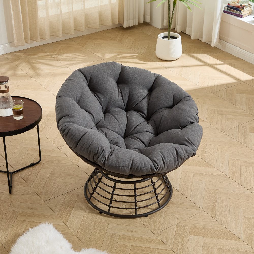 BBG Gartensessel Papasan Sessel mit 360° Drehfunktion, ergonomischer (Rattan Lounge Sessel mit extra dickem Kissen,Indoor Outdoor Drehsessel), bequemer Lesesessel für Wohnzimmer & Balkon