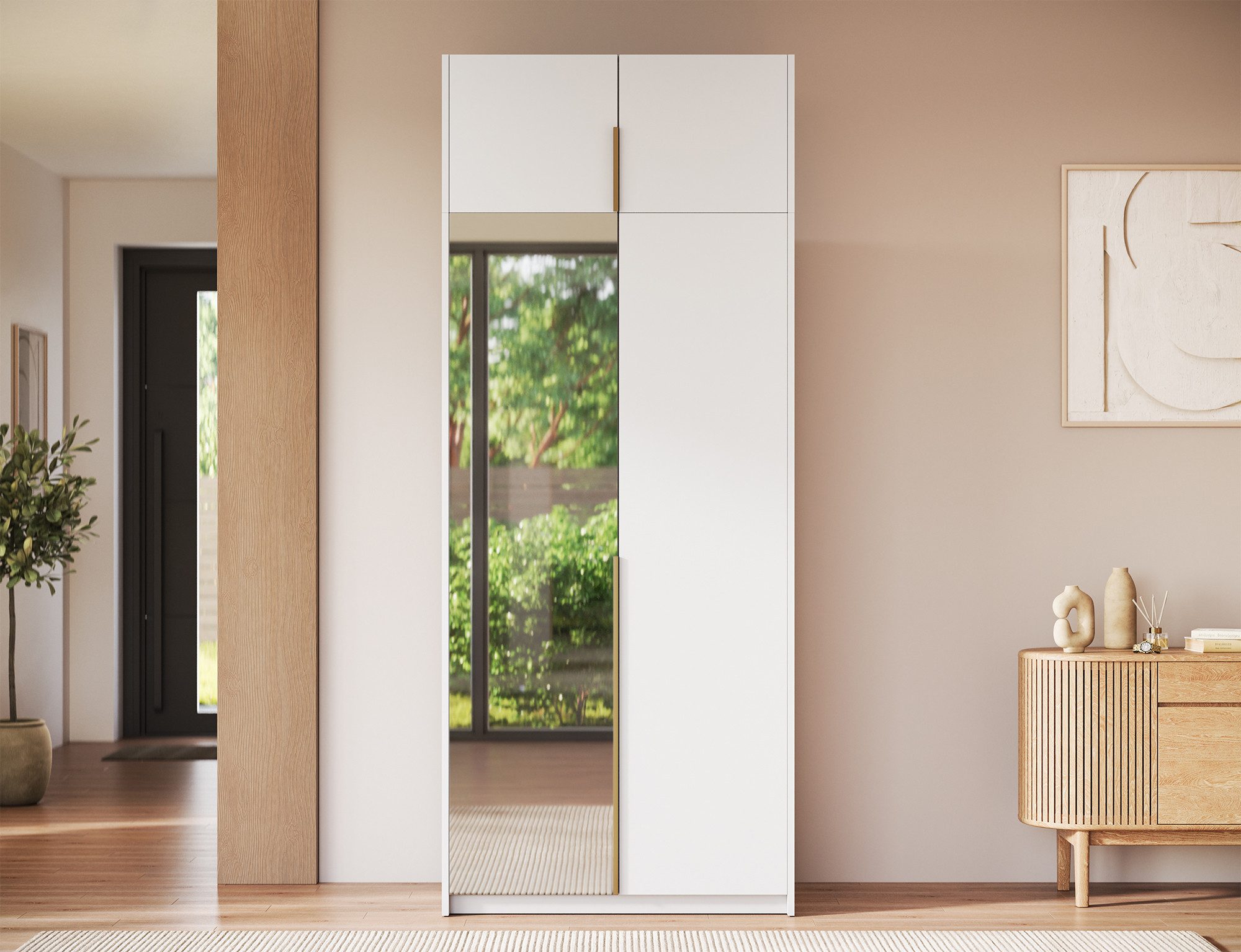 MOEBLO Drehtürenschrank Lunaro II (moderner Kleiderschrank 2-türig Schrank Garderobe Schlafzimmer, 100 cm, mit Spiegel Drehtüren Weiß Kaschmir Artisan Gold Griffe optional mit Aufsatz) (BxHxT): 100 x 204 x 58 cm