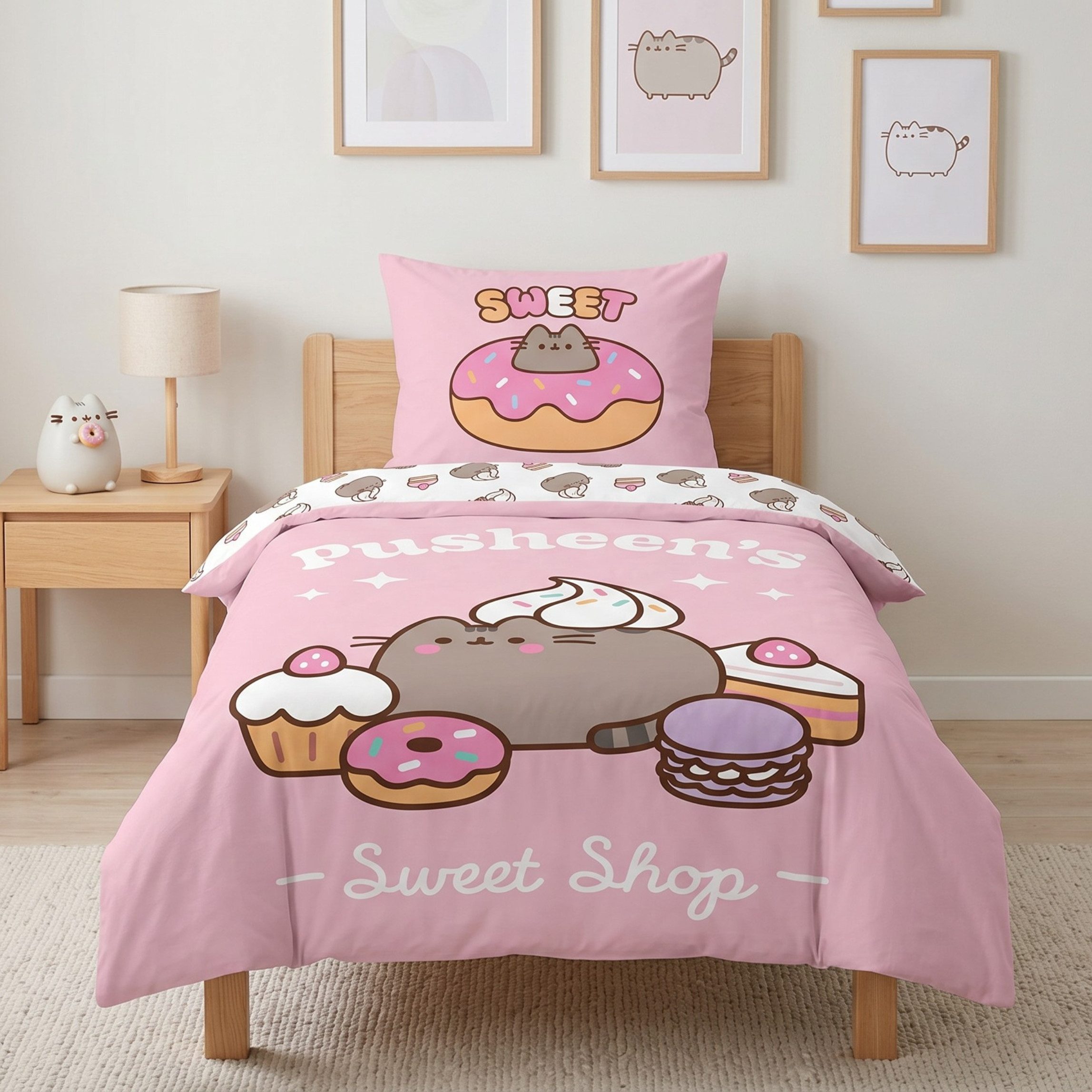 MTOnlinehandel Bettwäsche Pusheen Katze in 135x200 + 80x80 cm, Kawaii, Mikrofaser, 2 teilig, Wendebettwäsche für Kinder und Teenager, süß & niedlich