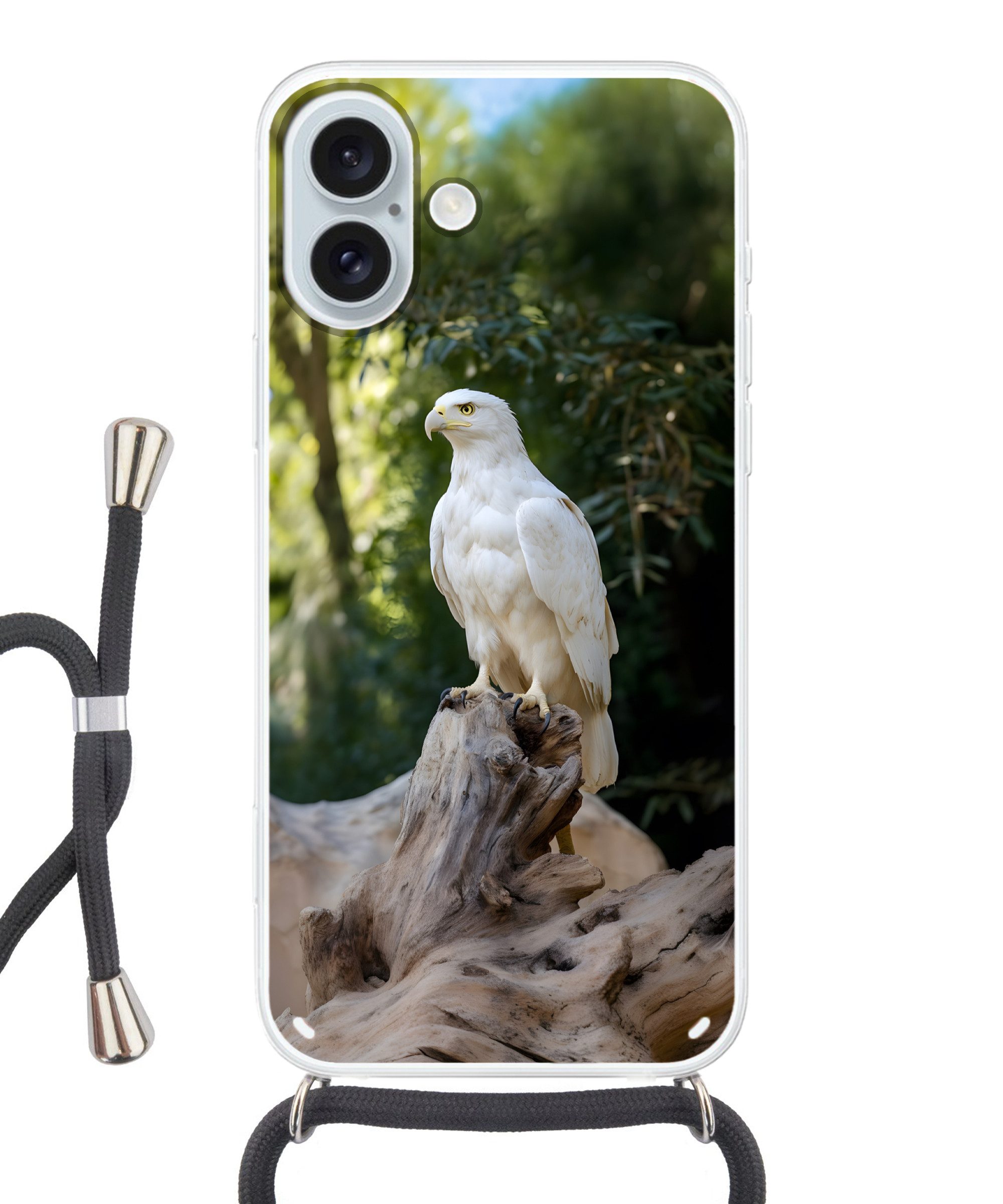 MuchoWow Handyhülle für Apple iPhone 16 Plus Adler - Holz - Weiß - Pflanzen, Tragbare Handyhüllen mit Kette zum umhängen, Handykette Handyband