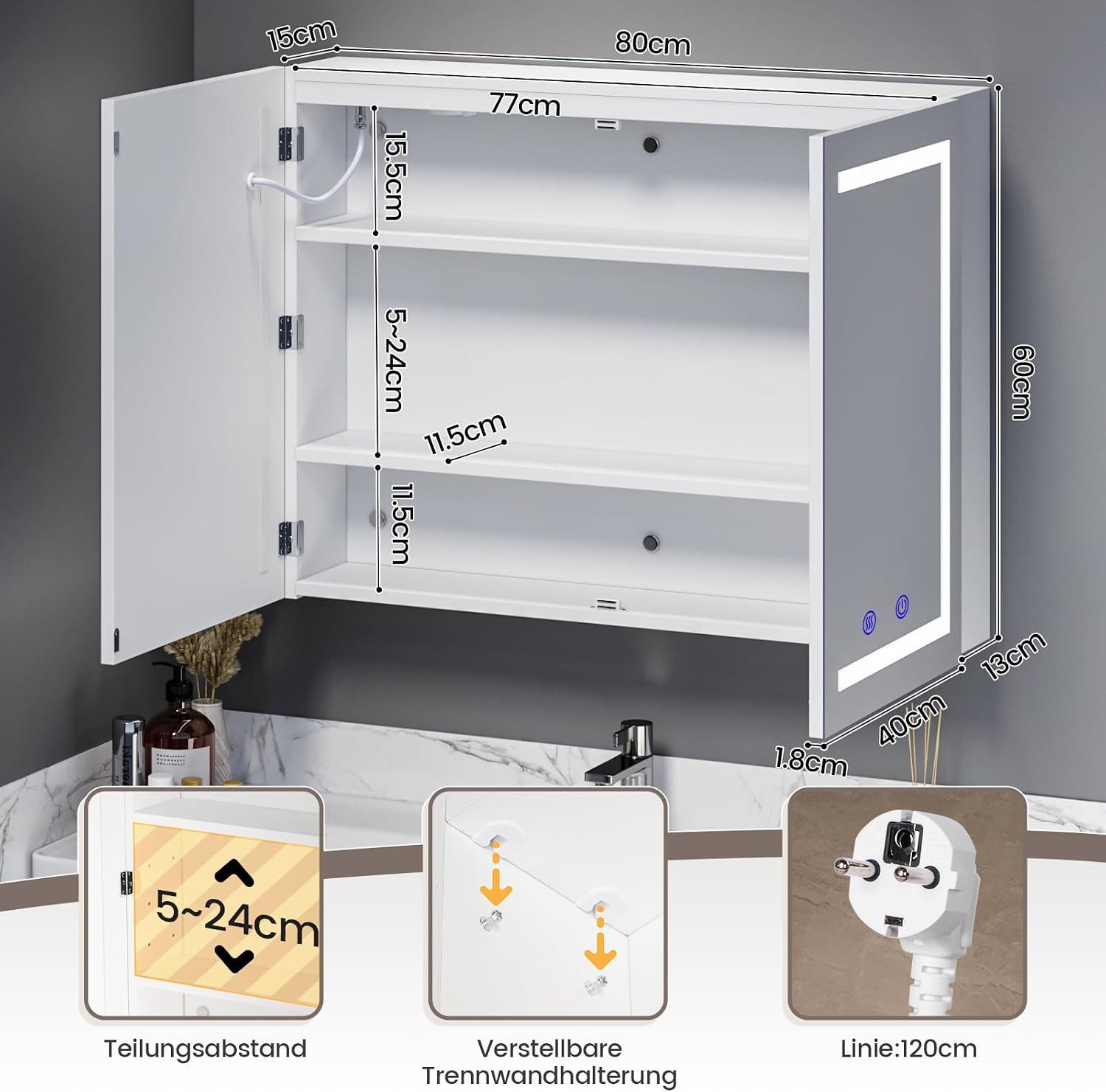 Luxstein Spiegelschrank Bad mit Beleuchtung und Steckdose, Verstellbares Regal, Entfogging-Funktion, Wandmontage – Bild 2 von 5