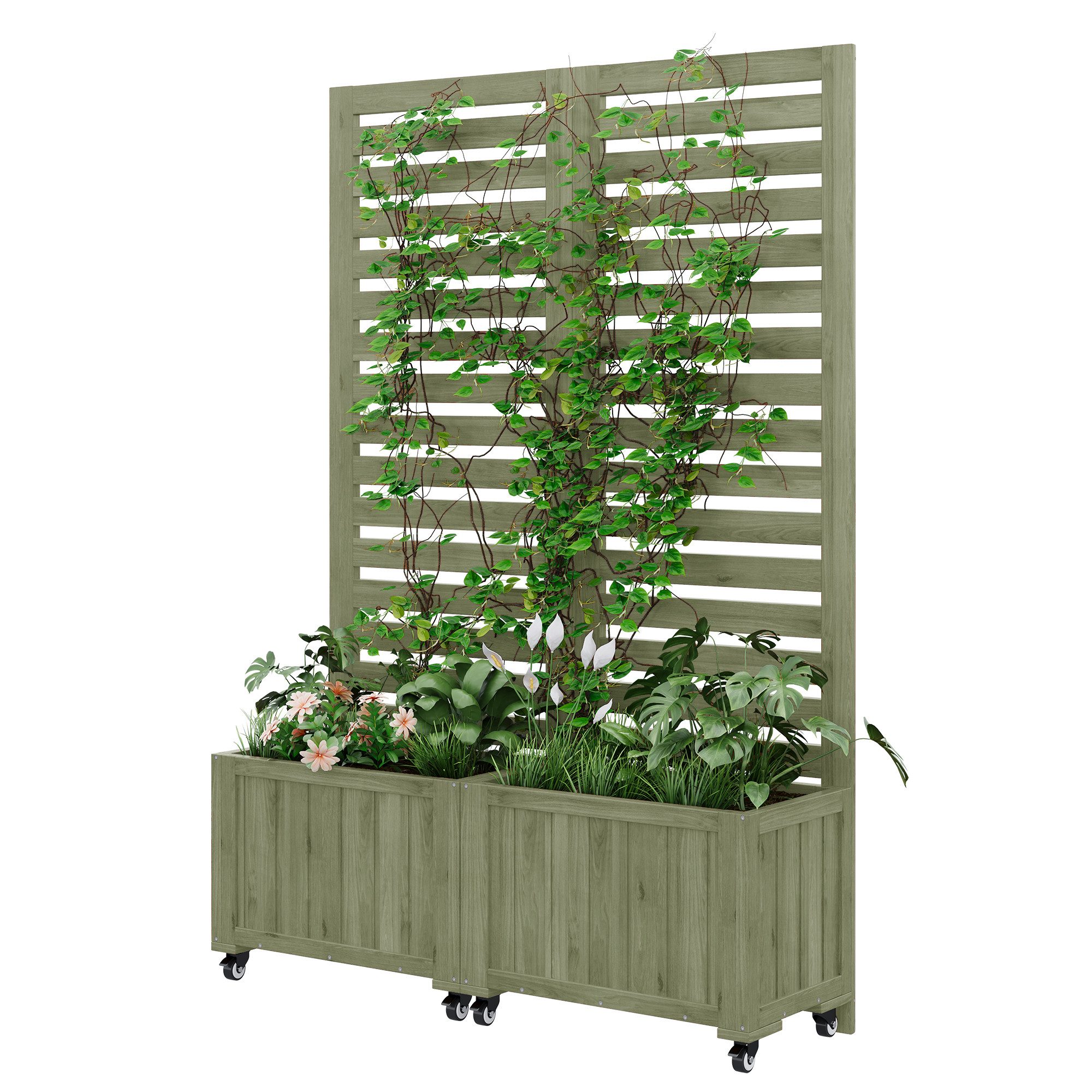OKWISH Blumenkasten mit Spalier als Kletterhilfe (Pflanzkübel, Outdoor Pflanzgefäß, Pflanzkasten, 1 St., Tanne, 102*150*32cm), Mit Klapp- und Universalrädern, aus Braunes Massivholz
