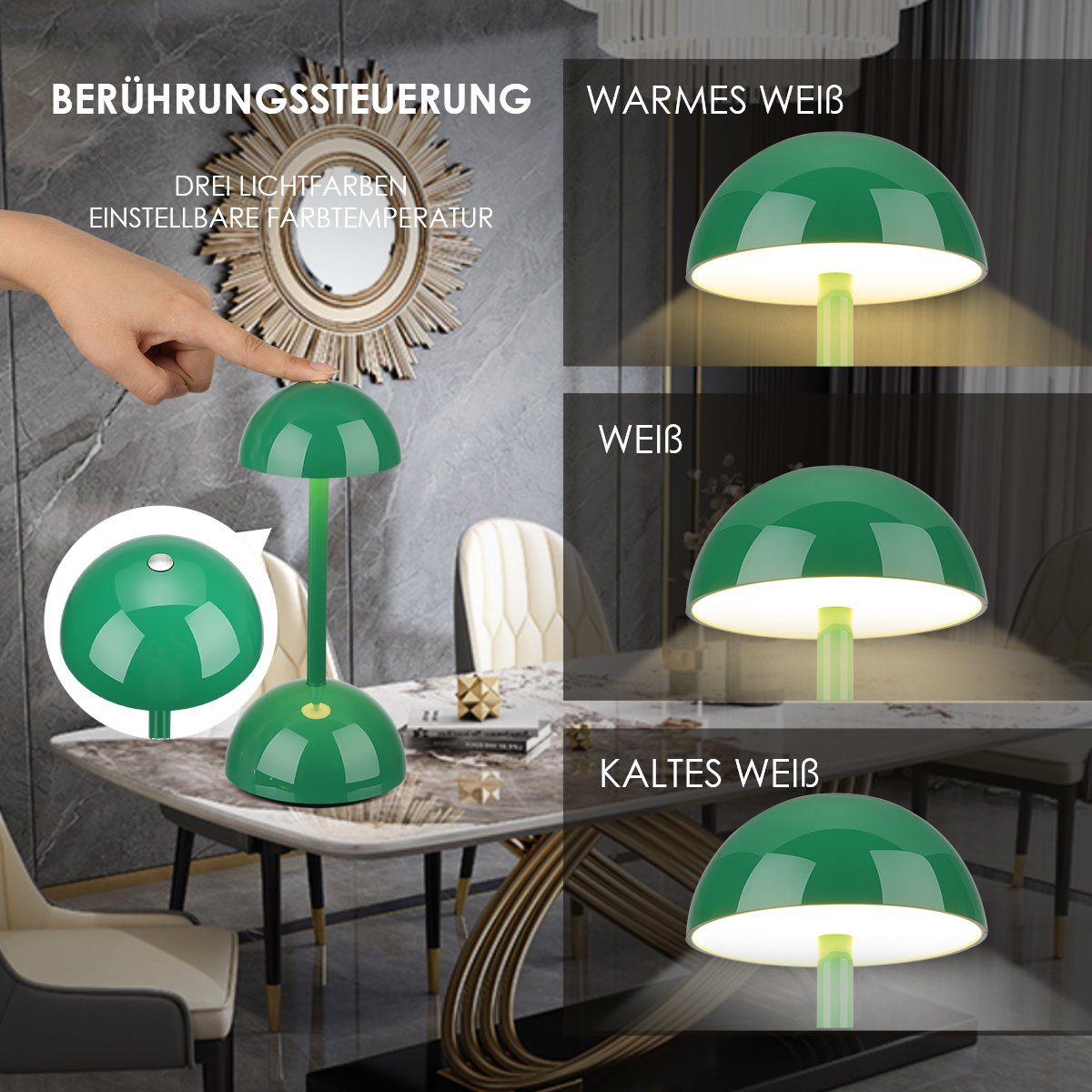 oyajia LED Tischleuchte Touch Café integriert, Tischlampe, Wasserdicht LED 2000mAh-Akku, Grün Kabellose Kaltweiß/Naturweiß/Warmweiß, LED fest Pilzlampe, Schlafzimmer Tischlampe, IP54 für Wiederaufladbarer Esszimmer