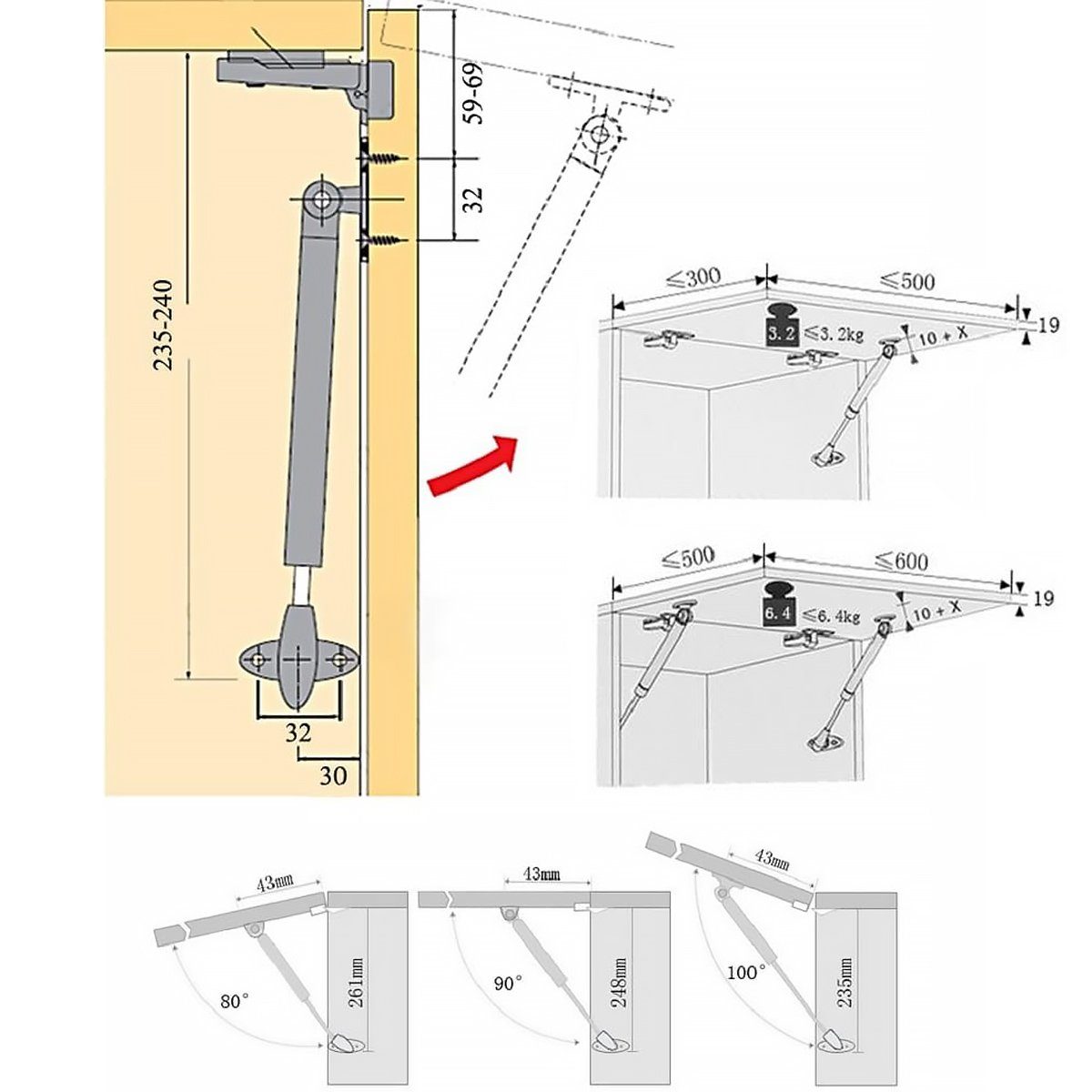MidGard Möbelbeschlag Klappenstütze mit Gasfeder Gasdruckfeder, 100N St) Gasdruckdämpfer, (2