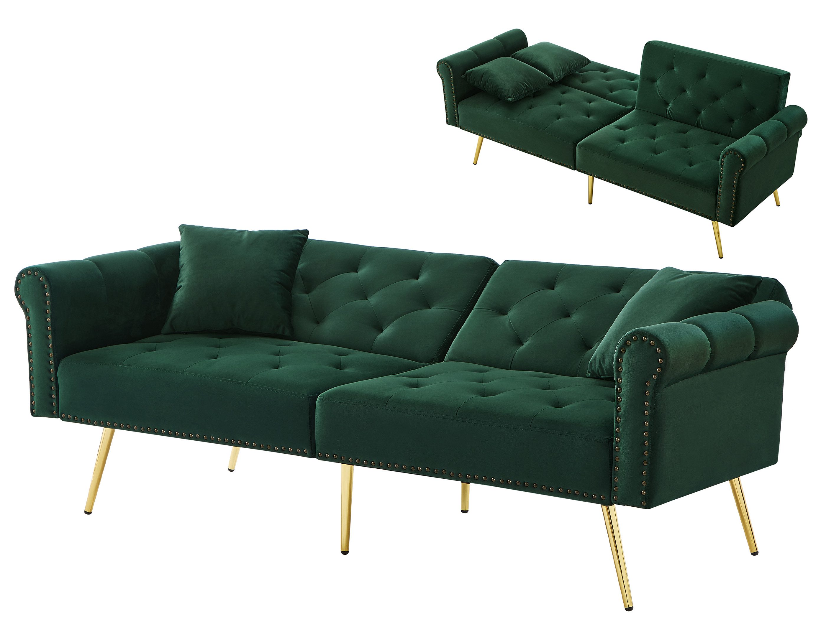 SeedWave Schlafsofa 2 Sitzer Bettsofa, Samtstoff, Individuell Verstellbare Rückenlehnen, Klappsofa inkl. 2 Zierkissen, Schwammfüllung, 6 Metallfüße