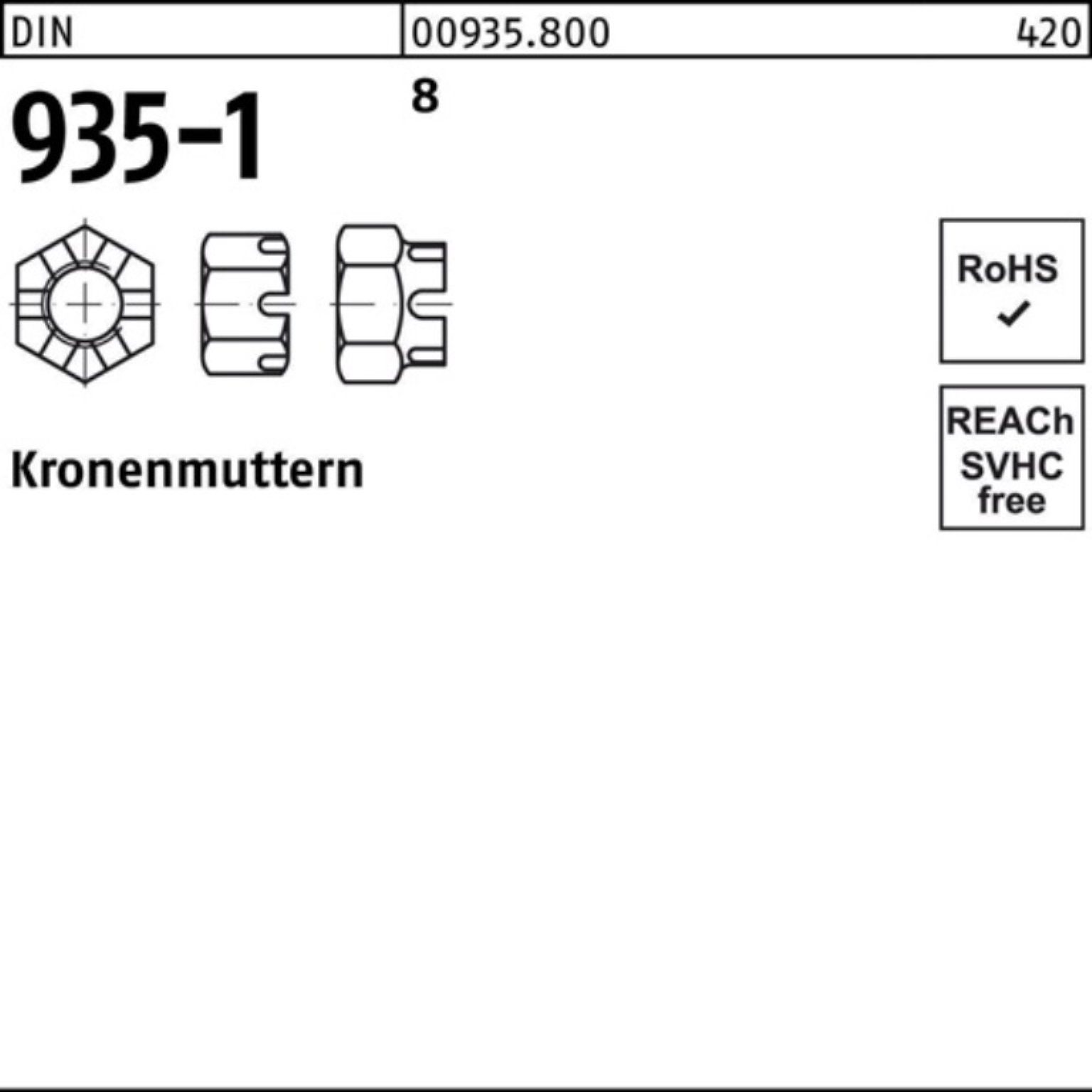 Reyher Kronenmutter 100er Pack Kronenmutter DIN 935-1 M42 8 1 Stück DIN 935-1 8 Kronenmut
