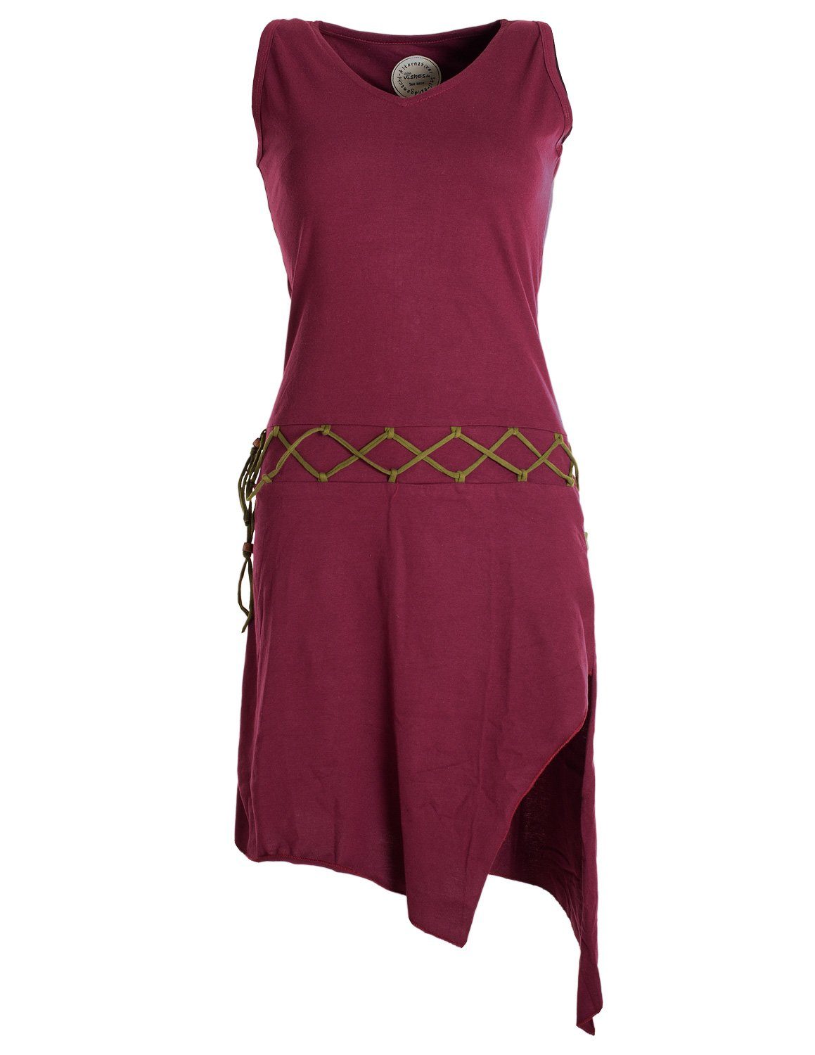 Style Elfen Kleid dunkelrot Ärmelloses Goa asymmetrisch Hippie, Vishes Boho, Gürtel-Schnürung Sommerkleid Beinausschnitt