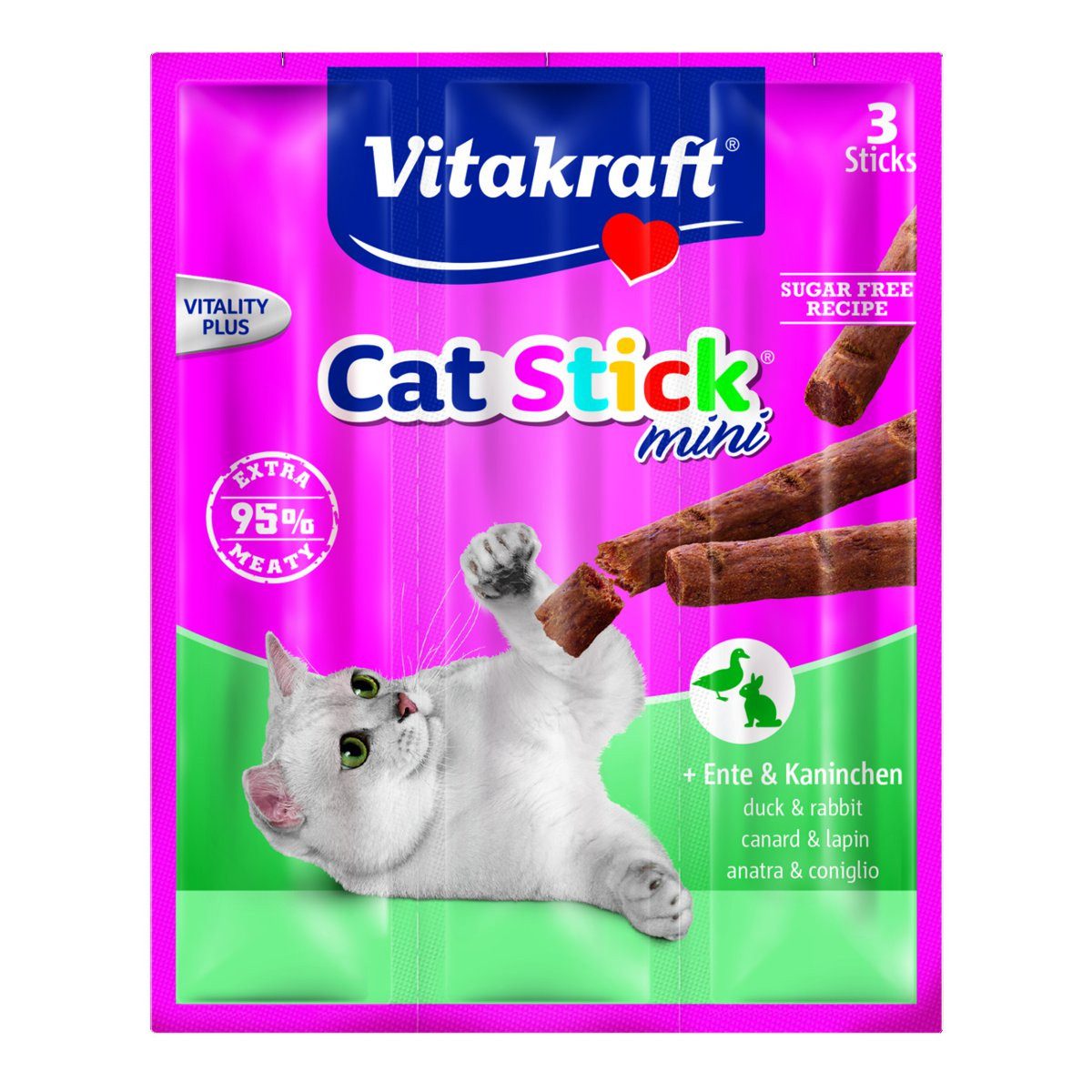 Vitakraft Katzensnack Cat-Stick mini Ente & Kaninchen, 3 x 6g, Snack für: Katzen
