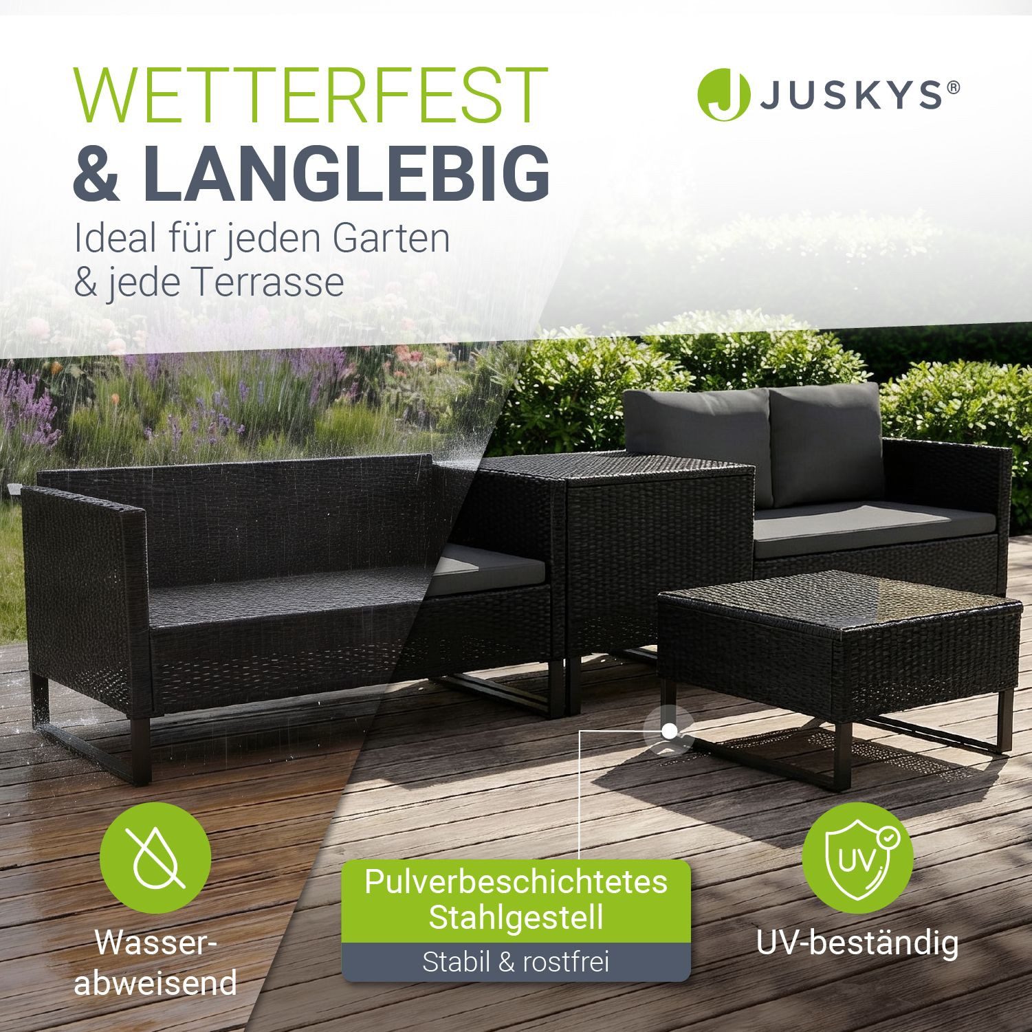 Juskys Gartenlounge-Set Santorini, (4-tlg), Polyrattan Sitzgruppe mit Beistelltisch & Auflagenbox, wetterfest