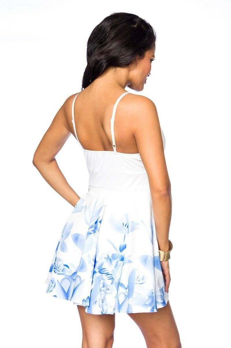Minikleid Cocktailkleid Sommerkleid A-Linie blau weiß Blumendruck, in Minikleid