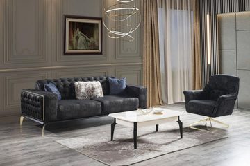 Casa Padrino Chesterfield-Sofa Luxus Art Deco Chesterfield Sofa Schwarz / Grau / Messingfarben 236 x 99 x H. 86 cm - Edles Wohnzimmer Sofa mit dekorativen Kissen - Luxus Qualität