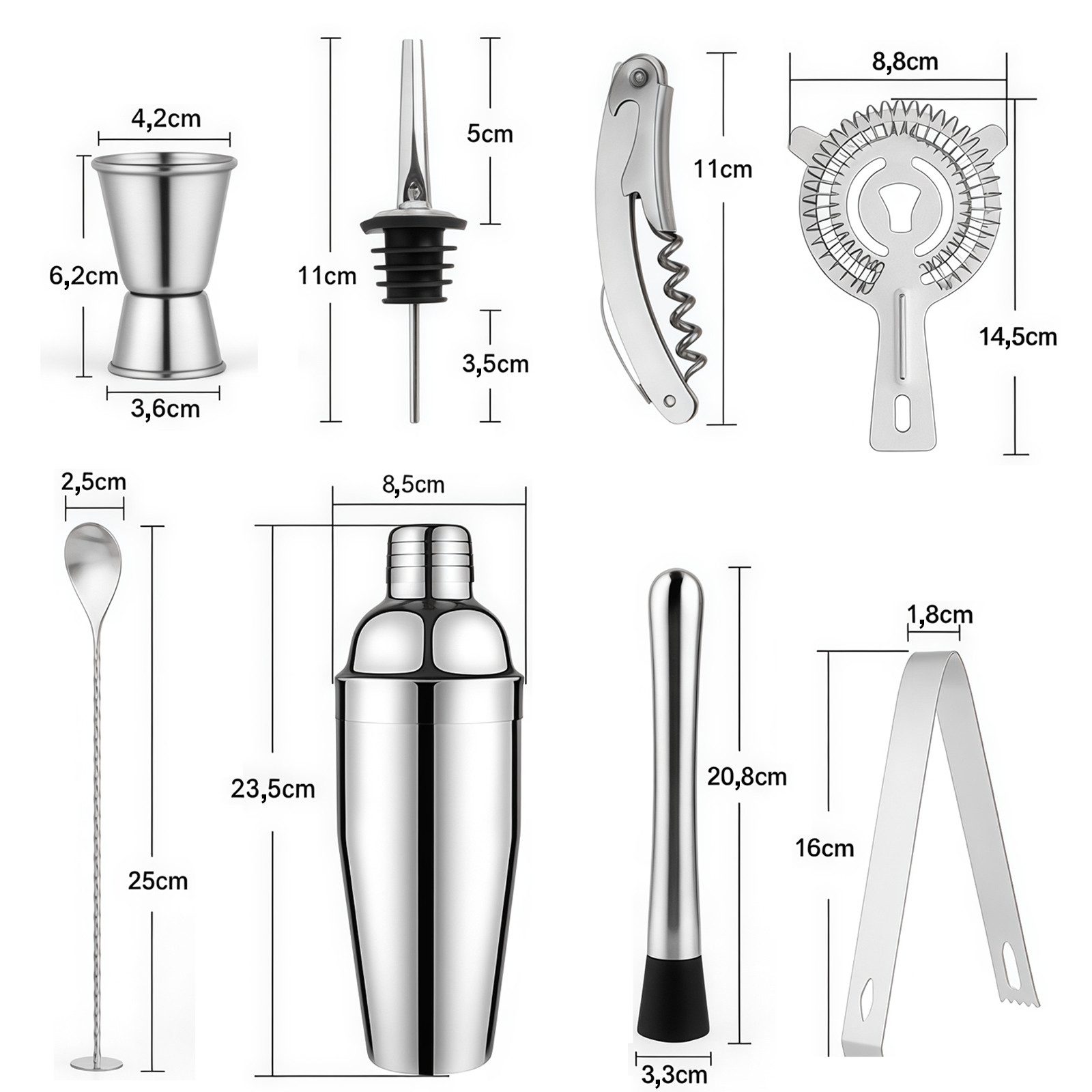 YMQHBS Cocktail Shaker Cocktail Shaker Cocktail Set 10-teilig Edelstahl, Edelstahl, (Set, 10-tlg., Messbecher, Löffel, Ausgießer, Rührstab, Zange, Shaker, Flasc – Bild 4 von 5
