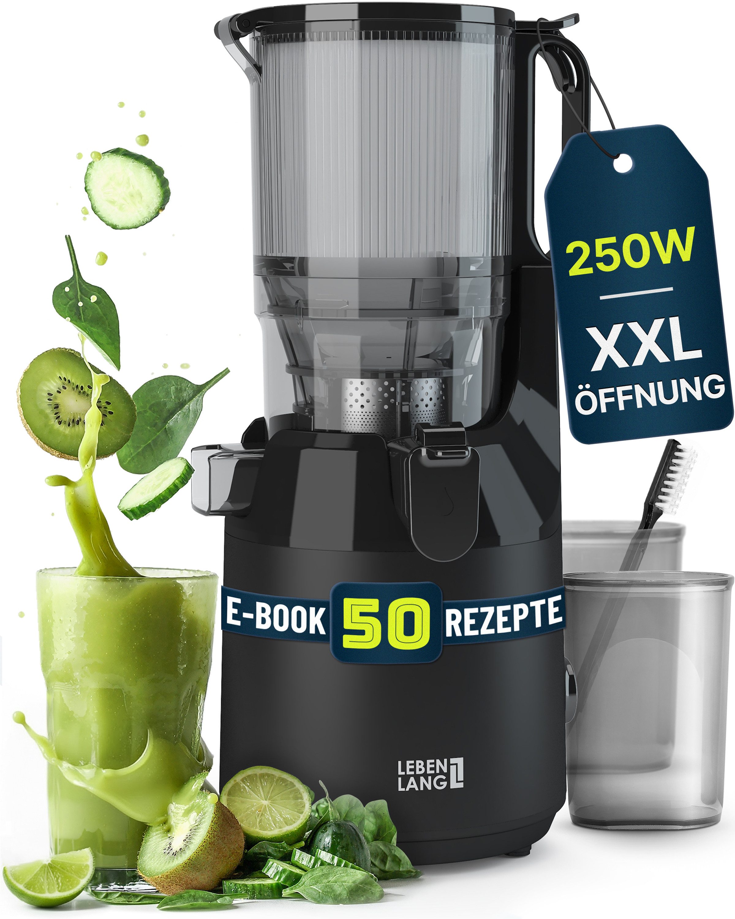 Lebenlang Slow Juicer Entsafter mit großer Öffnung, Für ganze Früchte und Gemüse, Rezepte, 250 W, BPA-Frei, Hohe Saftausbeute, Erhalt der Nährstoffe