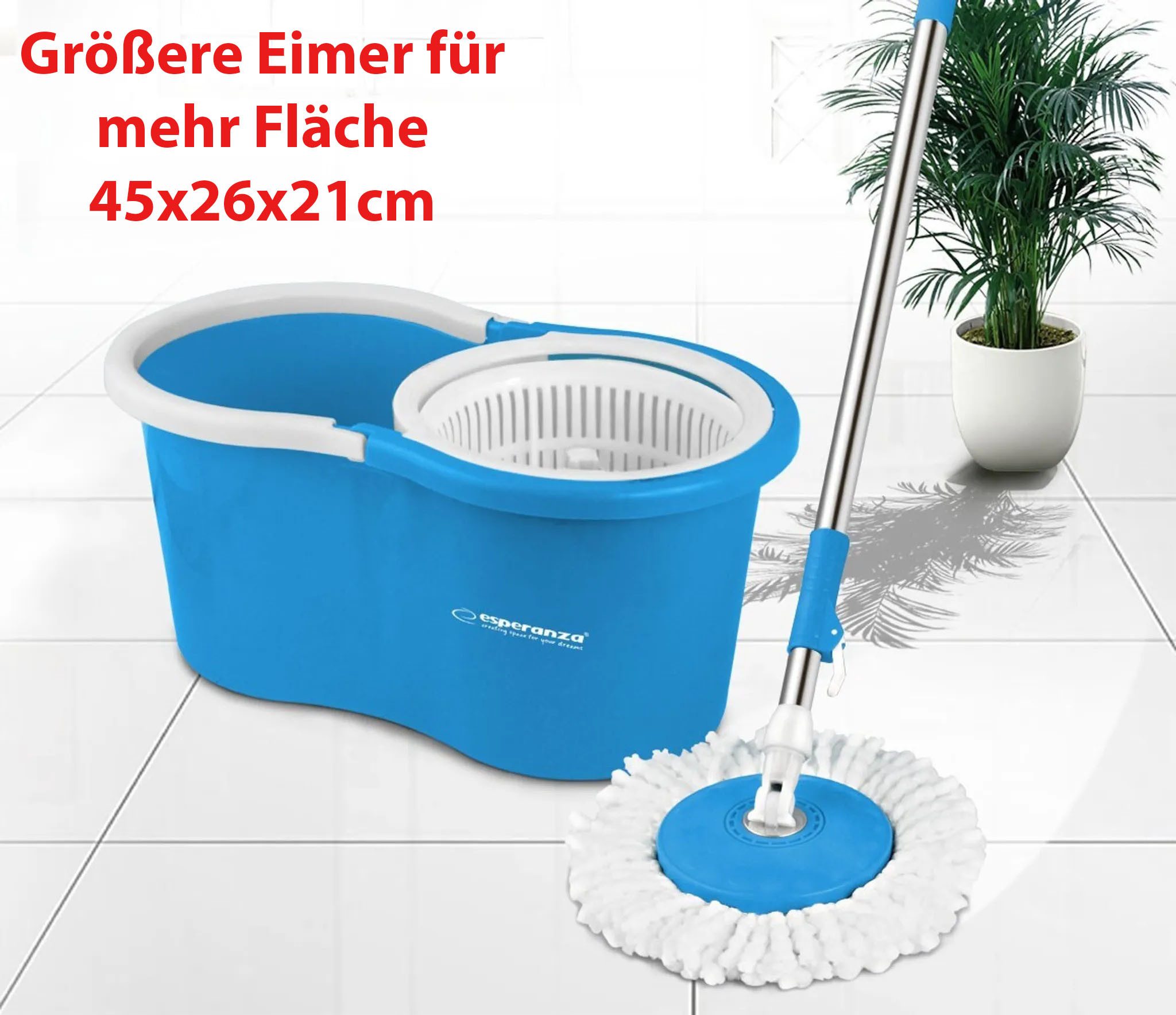 Esperanza Wischmopp Bodenwischer Wischmop Set Mopp Eimer 16cm Ø Teleskopstiel Mikrofaser, Schmutzwasserauslass unten &extra großer Eimer mit 360°-Drehung