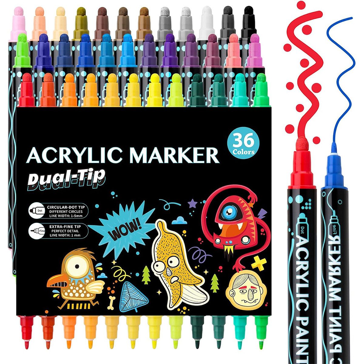 MOPUEA Lackmarker Acrylstifte Wasserfest leuchtende Farben Dual Tip Marker Stifte, (36-tlg., Wasserbasierte Acrylfarbe, Flexible Marker mit runder Spitze), für Papier,Leinwand, Glas, Keramik, Holz - Ideal zum Basteln,Bemalen