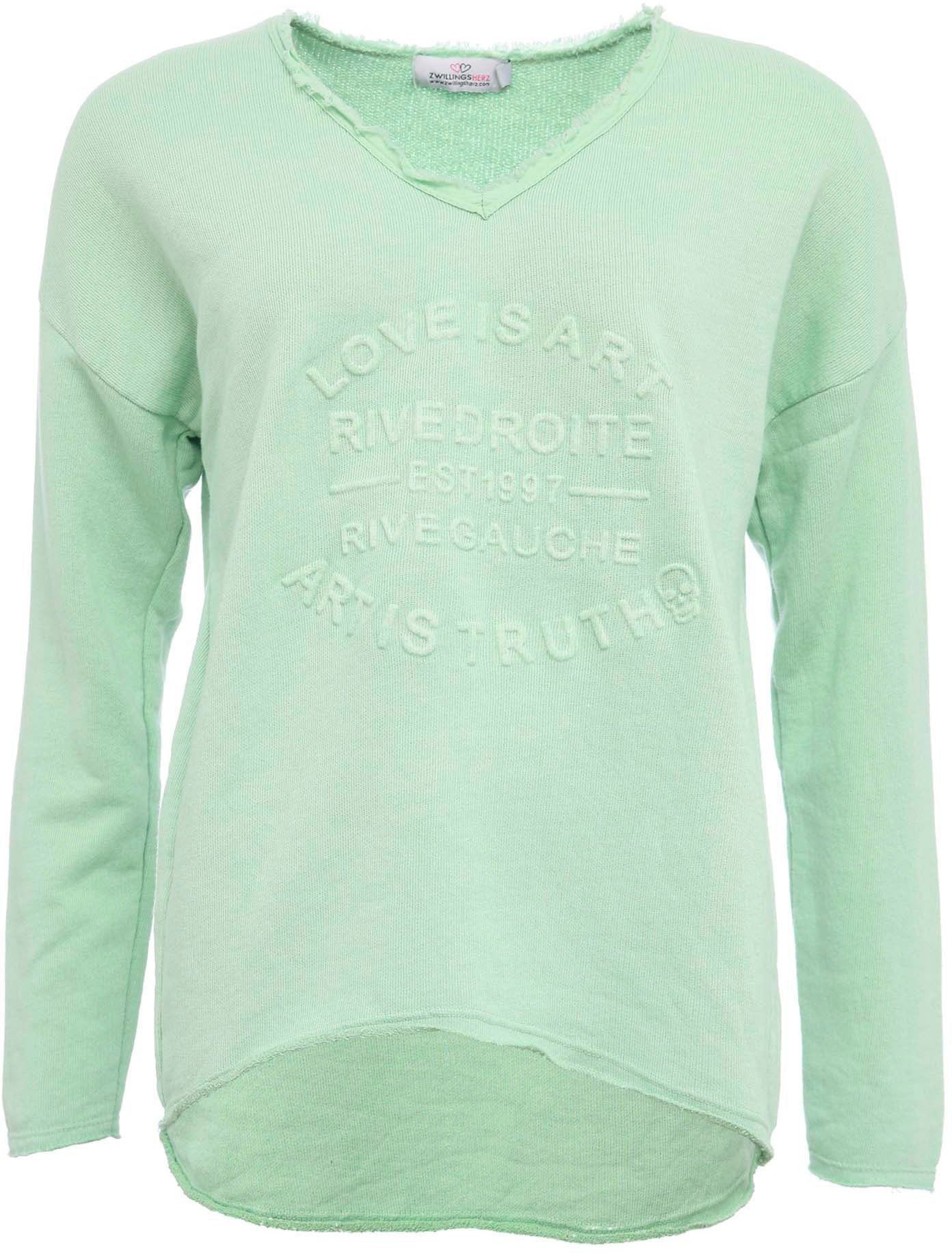 Zwillingsherz Sweatshirt ausgefranster V-Ausschnitt, Vintage Look, Langarm günstig online kaufen