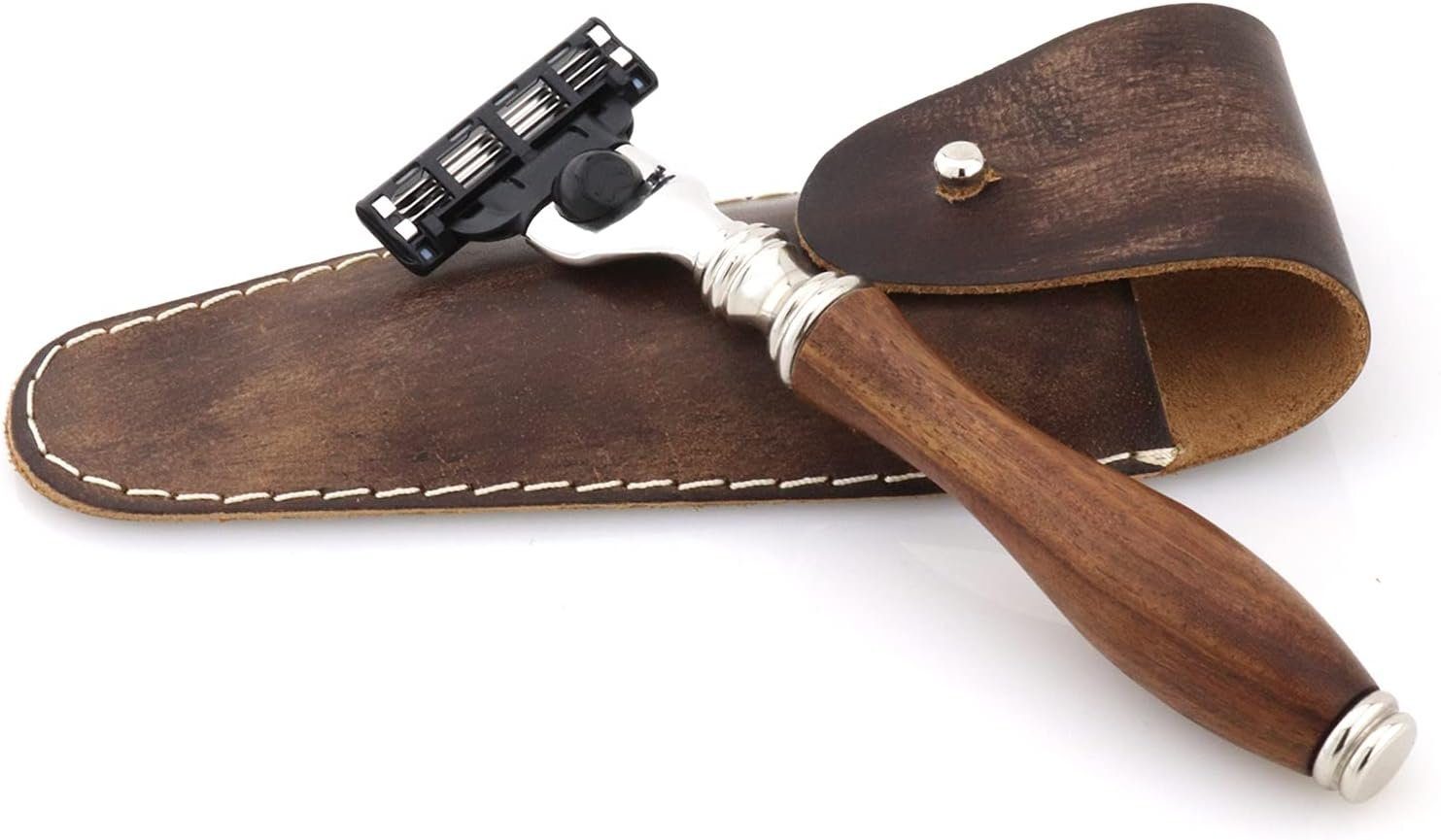 JAG SHAVING Rasierpinsel-Set Rasierset aus Holz, Rasierpinsel, Ständer, 3-Klingen-Rasierer Herren, 5 tlg., Holzrasierer, Synthetikpinsel, 3-Klingen-Rasierer Ständer, Lederetui, beste Erfahrung beim manuellen Speichern