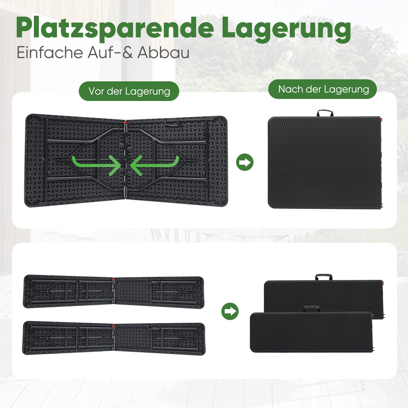 Sekey Bierzeltgarnitur 3-teilig Bierzeltgarnitur Klappbar Tragegriff 180cm Gartenmöbel, (3-tlg), 180cm Bierbänke und 2 Bierbänke, mit Holz und Rattan-Optik, Wet – Bild 4 von 5
