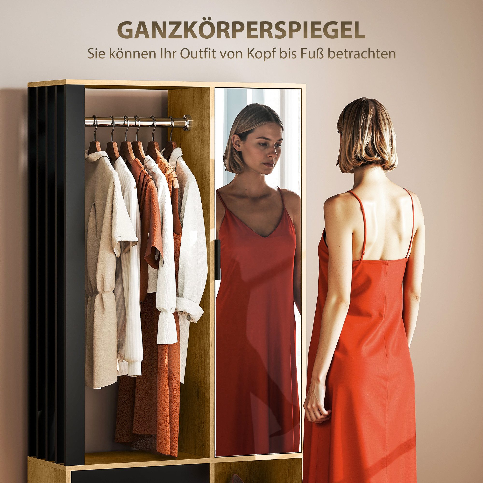 HOMCOM Kleiderschrank Kompaktgarderobe mit Kleiderstange Schuhschrank und 8 Regalböden (Flurgarderobe Set, 1-St., Garderobe Set) 80 x 30 x 175 cm, Naturholz – Bild 5 von 5