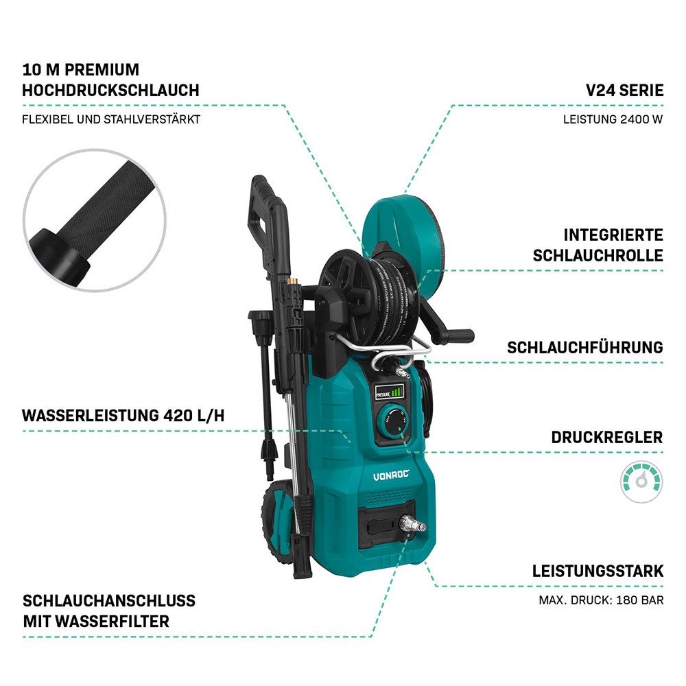 VONROC Hochdruckreiniger 2400W, Druck max: 180 bar, Fördermenge max: 420 l/h, (Set, 11 tlg., PW512AC), inkl. Druckregeler - Schlauchtrommel - Aluminium Pumpe -  – Bild 4 von 5
