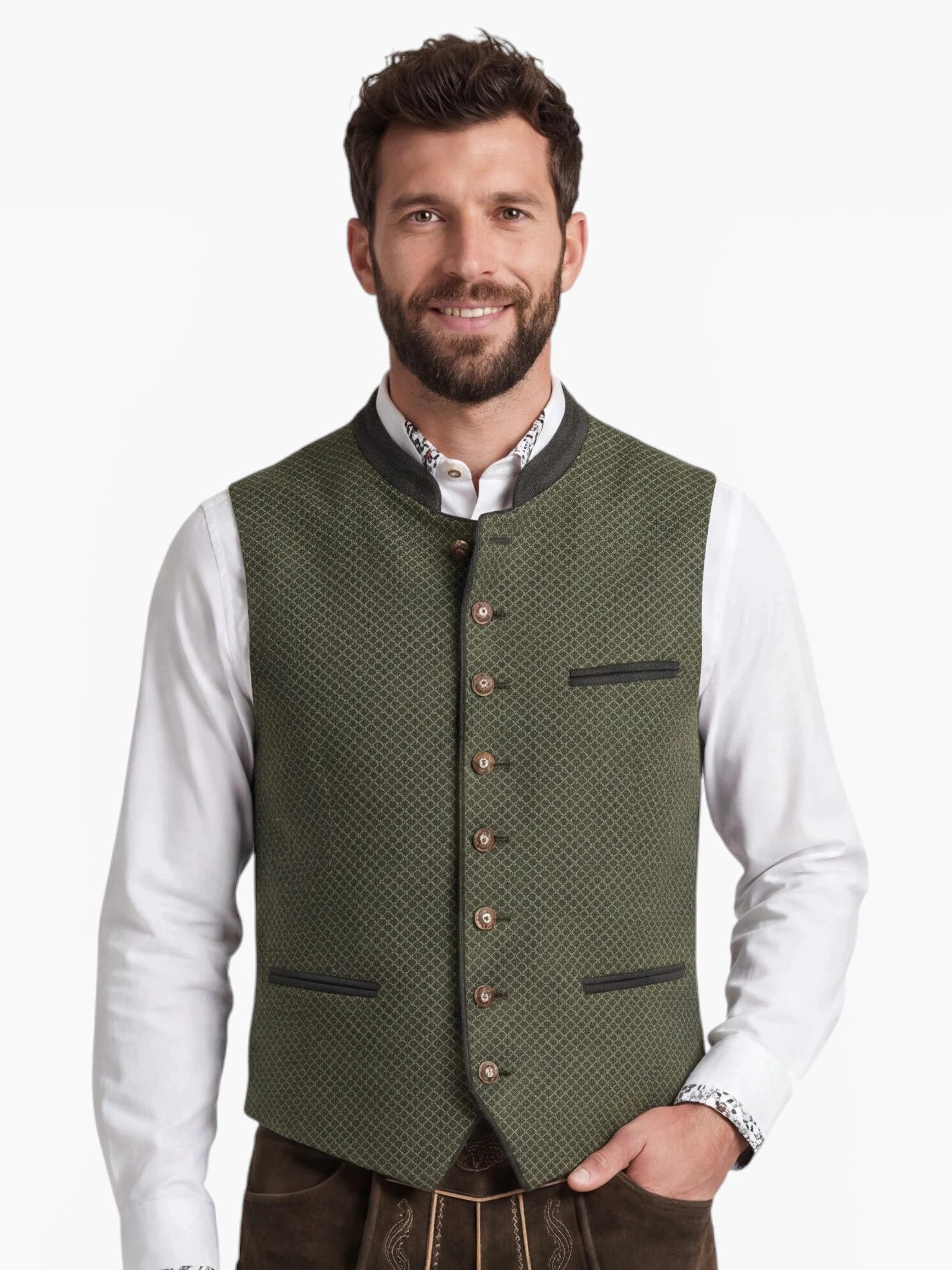 Moschen-Bayern Trachtenweste Antonio Herren Trachten-Gilet Baumwolle Stehkragen oliv