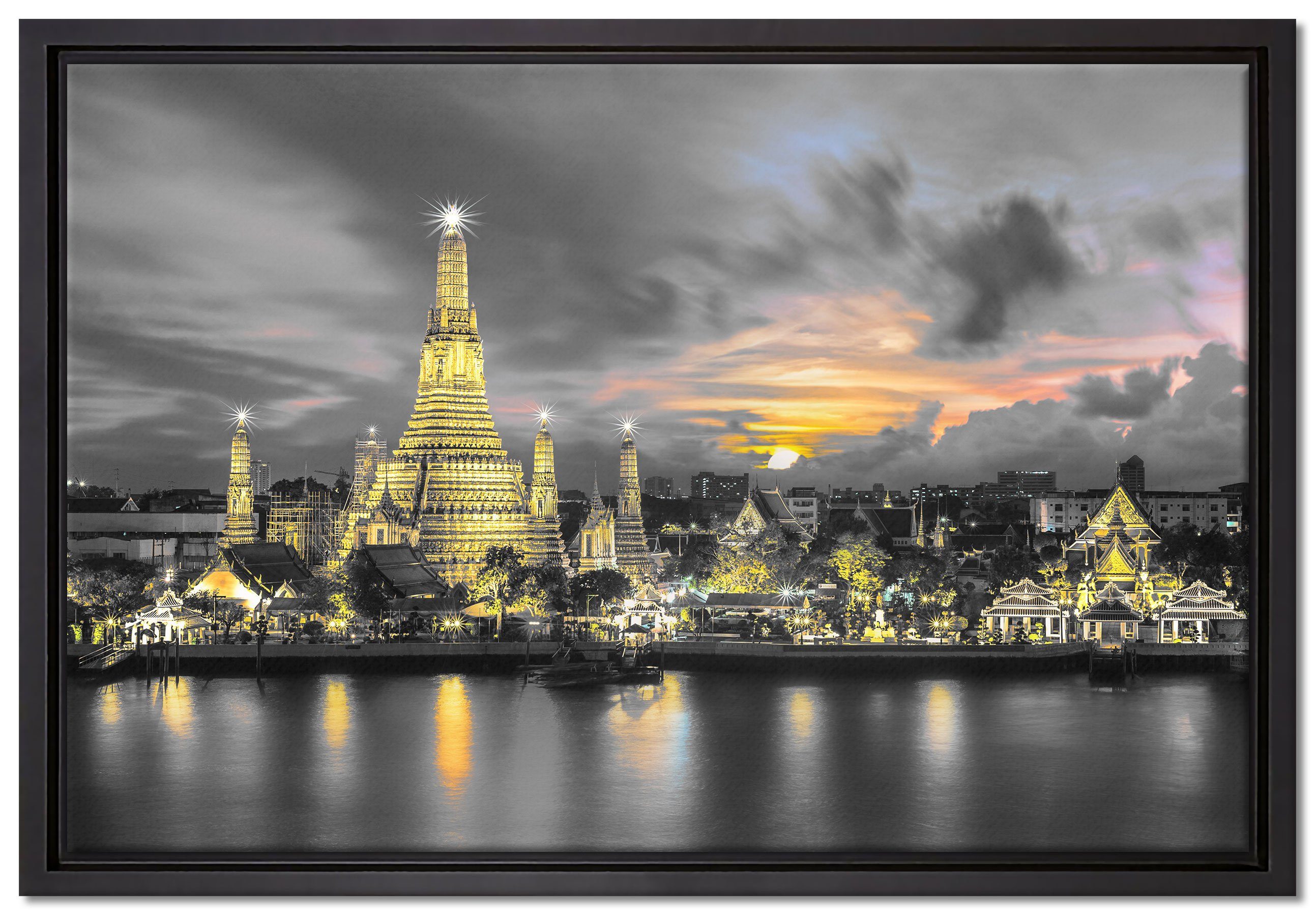 gefasst, Schattenfugen-Bilderrahmen (1 bespannt, Bangkok Pixxprint in Thailand, fertig Leinwandbild Tempel St), Leinwandbild Zackenaufhänger inkl. einem Wanddekoration