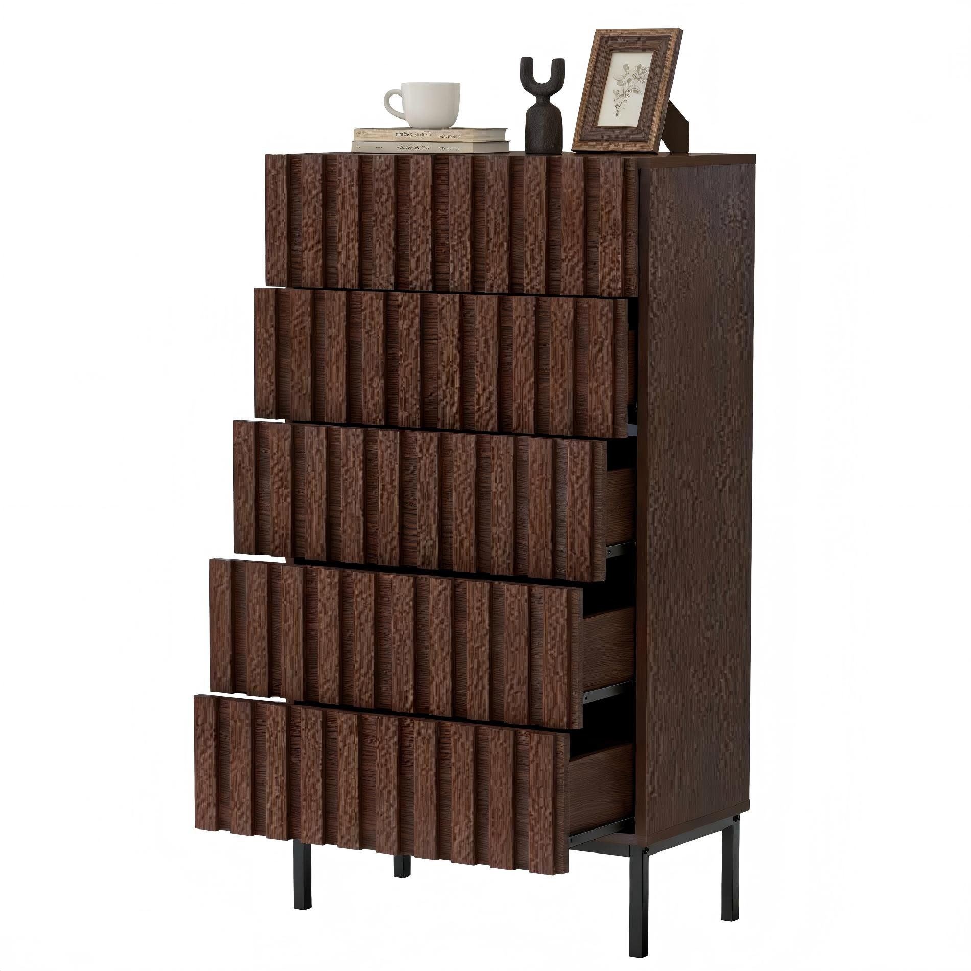 UEV Kommode schmal mit 4/5 Schublanden, Sideboard Beistellschrank Buffet (Aufbewahrungskommode, Mehrzweckschrank aus Holz(Natur/Schwarz/Dunkelbraun), Schrank für Wohnzimmer Schlafzimmer Flur