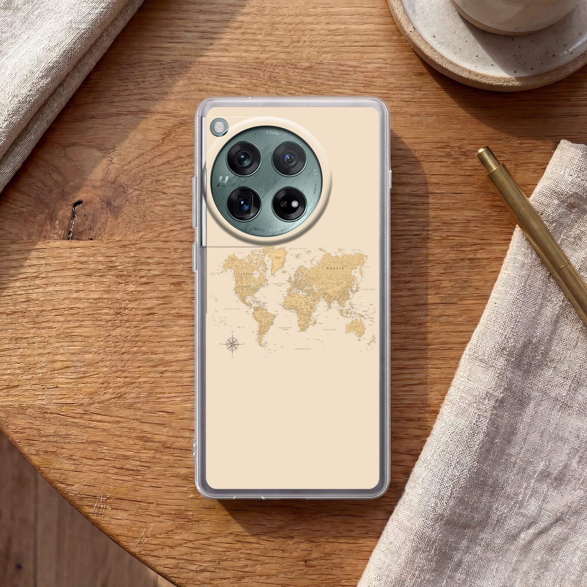MuchoWow Handyhülle für OnePlus 12 Weltkarte - Realistisch - Beige, Handy Case, Silikon, Bumper Case Dünn