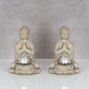 Levandeo® Teelichthalter, 2er Set Teelichthalter Buddha Figur Keramik je 19cm hoch Grau