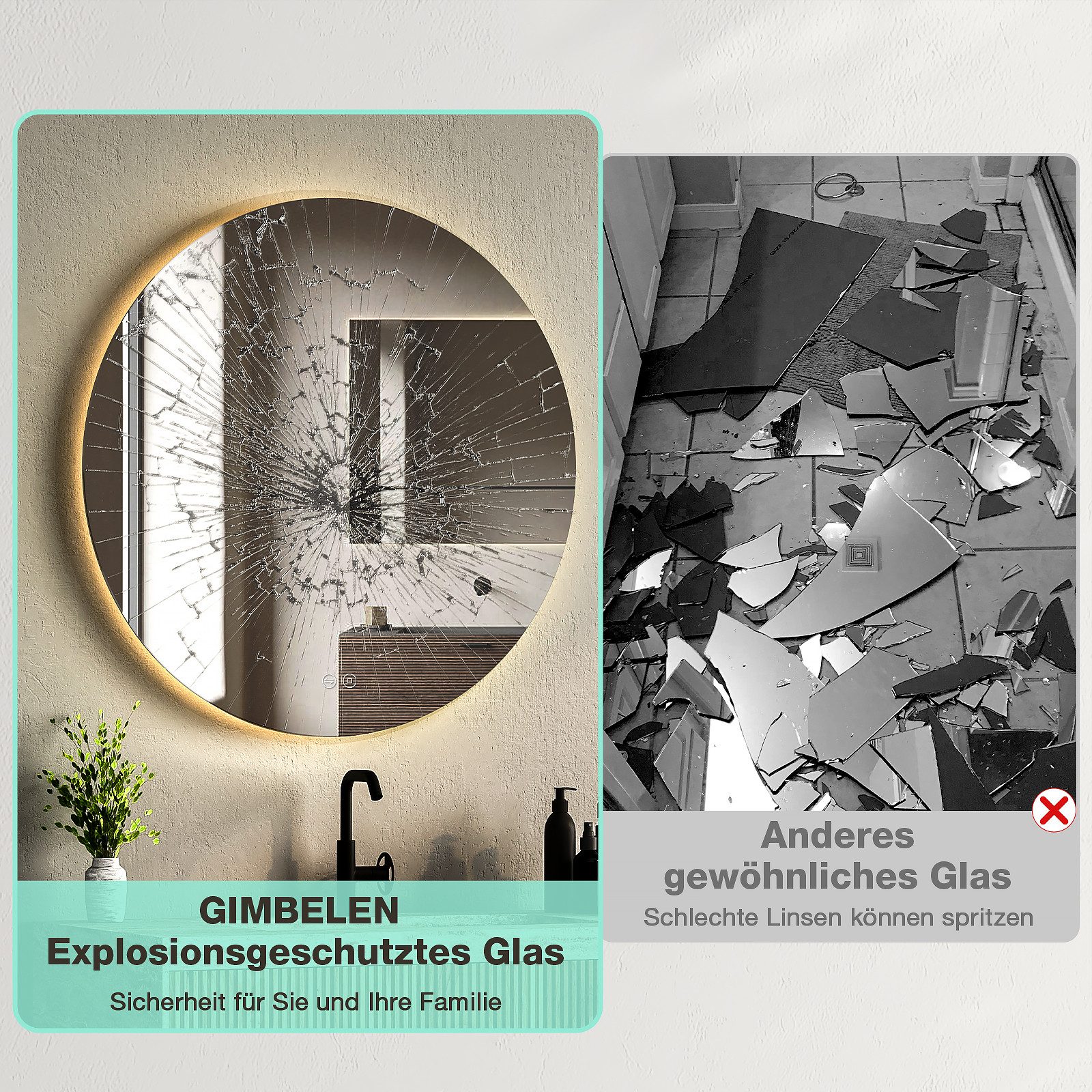 GIMBELEN Badspiegel Dimmbarer Badezimmer Spiegel mit Kaltweiß-Beleuchtung & Touch-Schalter, 3 Lichtfarben, Speicherfunktion & Wandschalter für Komfort