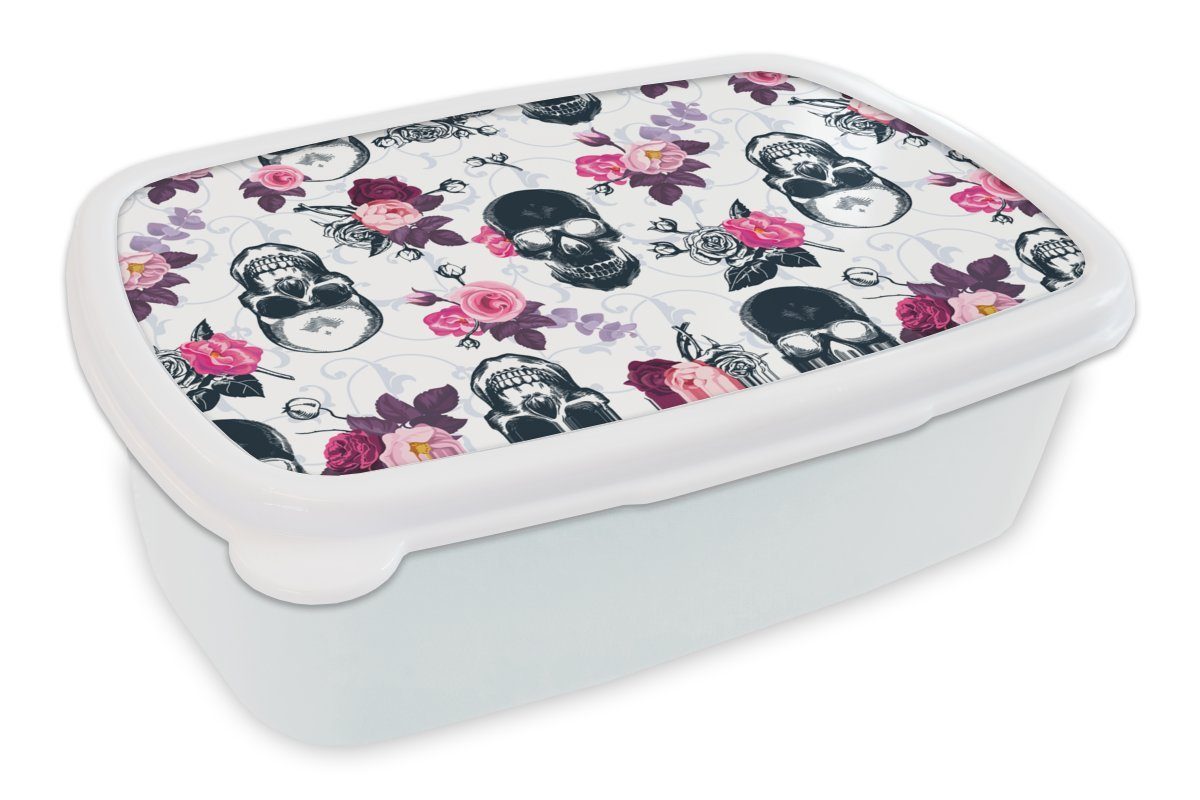 MuchoWow Lunchbox Teens - Totenkopf - Rose - Muster, Kunststoff, (2-tlg), Brotbox für Kinder und Erwachsene, Brotdose, für Jungs und Mädchen weiß | Lunchboxen