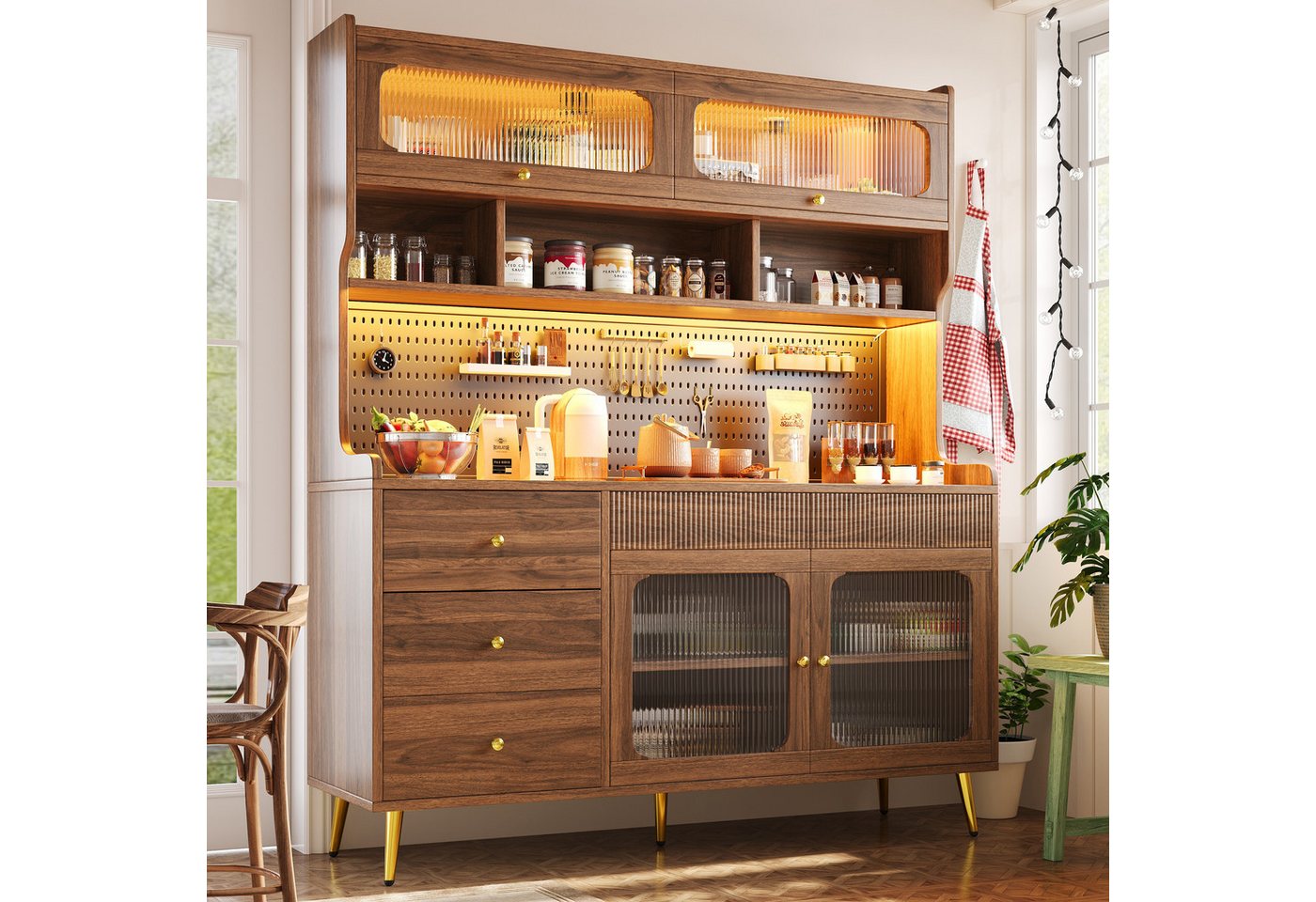 Odikalo Küchenbuffet Küchenschrank Buffetschrank mit LED (mit LED-Beleuchtung & App, Schmaler Hochschrank für Küche & Wohnzimmer, …