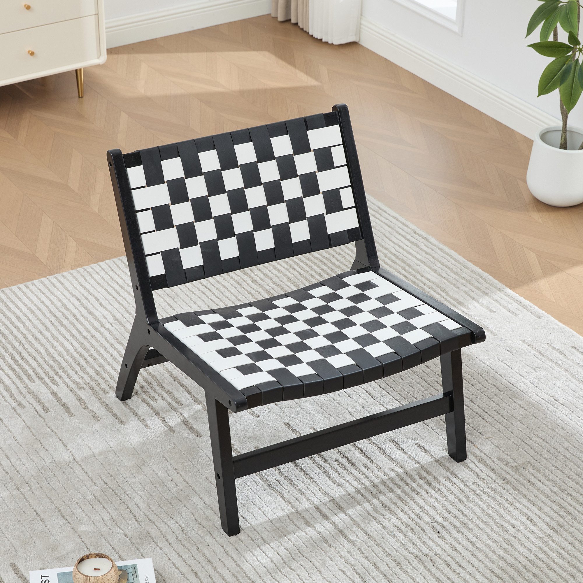 i@home Stuhl Stuhl, Freizeitstuhl im modernen Stil mit geflochtener Oberfläche, PU (Packung, 1 St), Schachbrettmuster,Holzgestell, für den Innen- und Außenbereich,schwarz