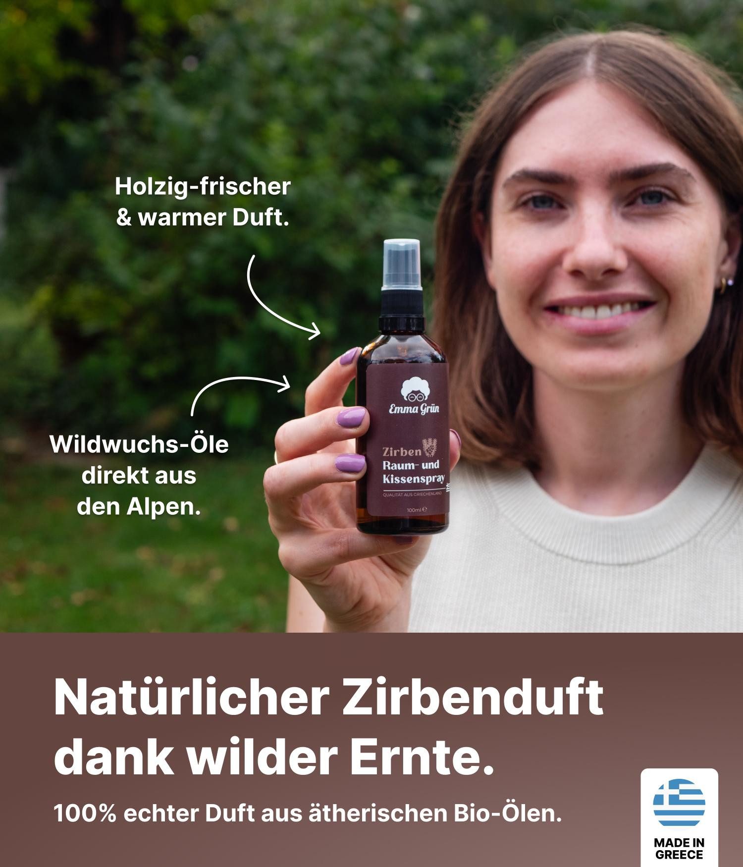 Emma Grün Duftöl Zirbe, Raum- & Kissenspray 100ml, natürlicher Duft (Set, Je nach Auswahl: 1x, 2x oder 5x Raumspray Zirbe 100 ml), Höchste Wildwuchs-Qualität, natürlicher Duft ohne Zusätze