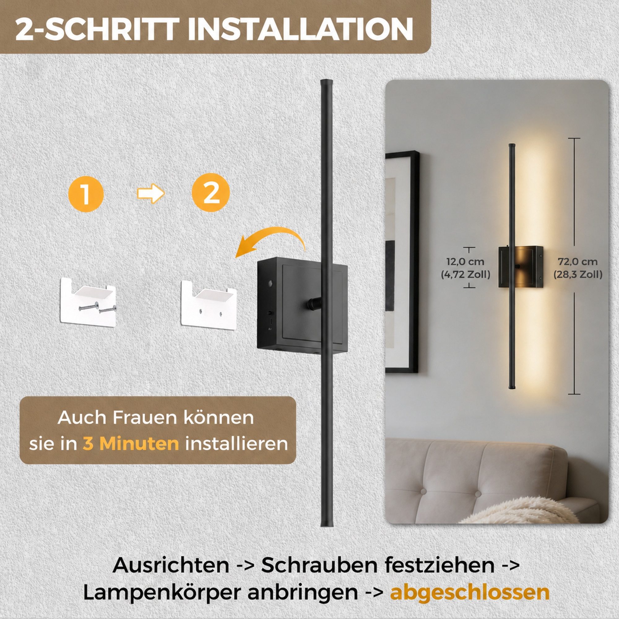 LOHAS-LED LED Wandleuchte Metall-Streifen-Stimmungslicht mit linearem Akku-Betrieb, dimmbar, LED fest integriert, Warmweiß, 2er-Set kabellose LED-Wandlampe mit 6000mAh Akku & IR-Fernbedienung