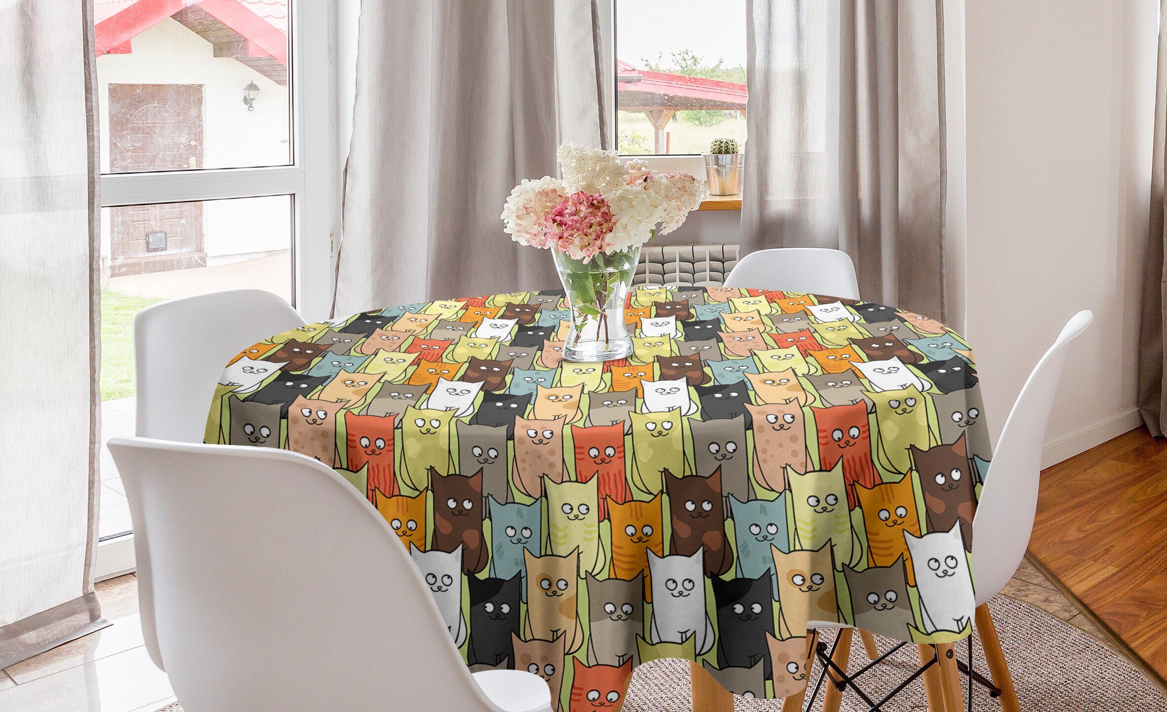 Abakuhaus Tischdecke Kreis Tischdecke Abdeckung für Esszimmer Küche Dekoration, Katzen Lustige farbige Cartoon