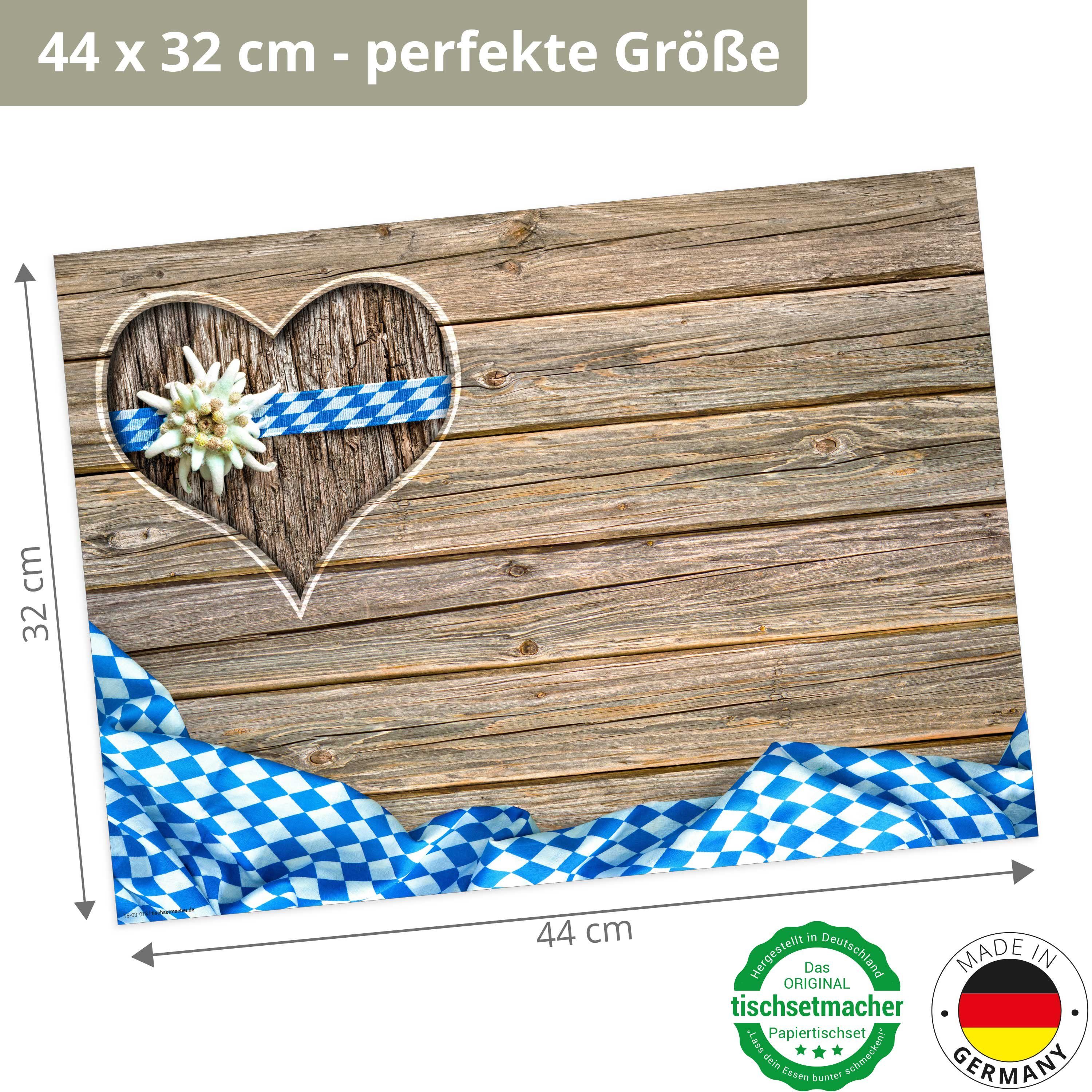 Platzset, Tischsets, Platzsets - Bayern Herz mit Edelweiß, Tischsetmacher,  (aus Naturpapier in Aufbewahrungsmappe, 12-St., 44 x 32 cm weiß/blau)