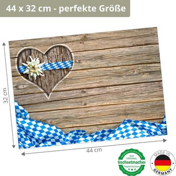 Platzset, Tischsets, Platzsets - Bayern Herz mit Edelweiß, Tischsetmacher, (aus Naturpapier in Aufbewahrungsmappe, 12-St., 44 x 32 cm weiß/blau)