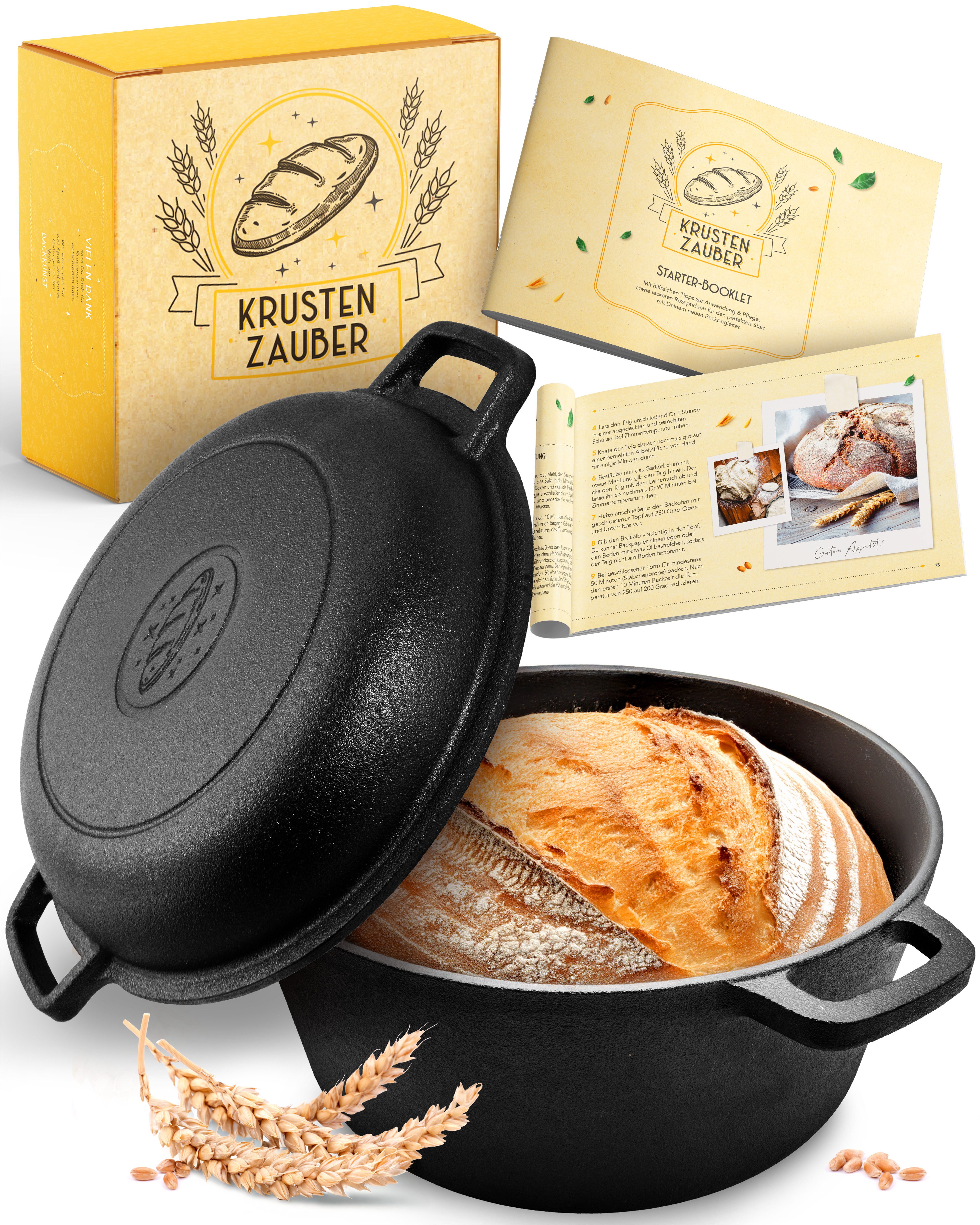 Krustenzauber Kasserolle Gusseisen Topf als Kochtopf, Schmortopf oder Brotbackform