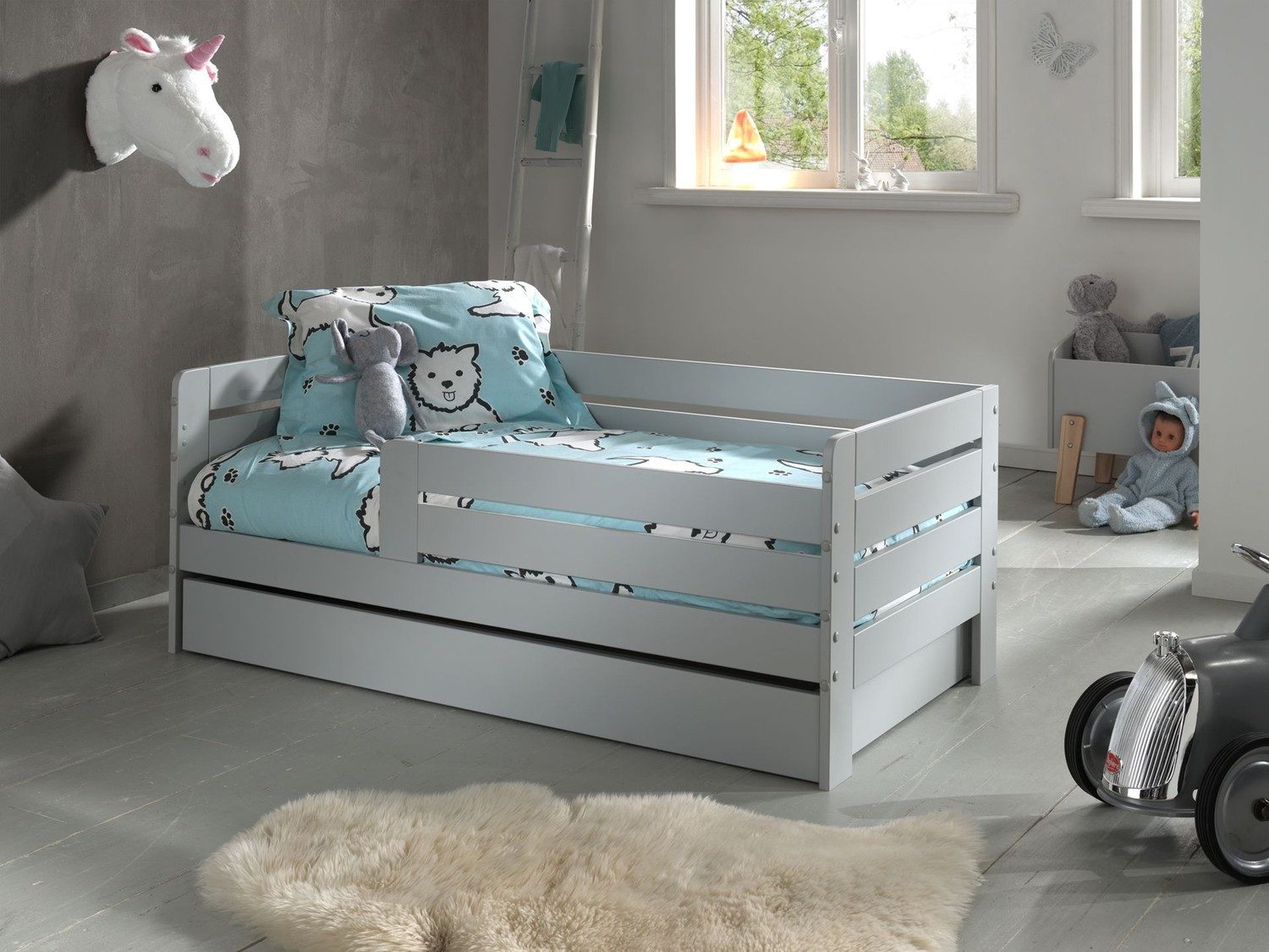 Natur24 Einzelbett Juniorbett 70 x 140 cm Schublade MDF Grau